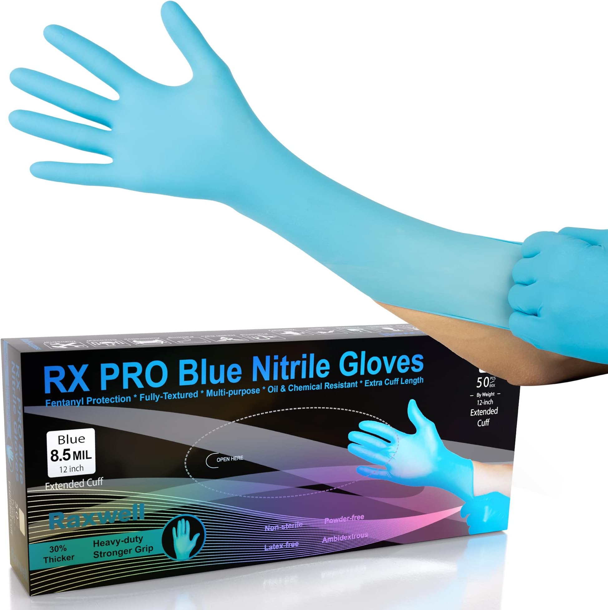 RaxwellDisposable Blue Extended Cuff Nitrile Gloves Medium | 8-mil Heavy Duty Nitrile Examination Gloves | 50 Count Fully Textured, Latex Free & Powder Free | Food Grade, Food Safe & Puncture
