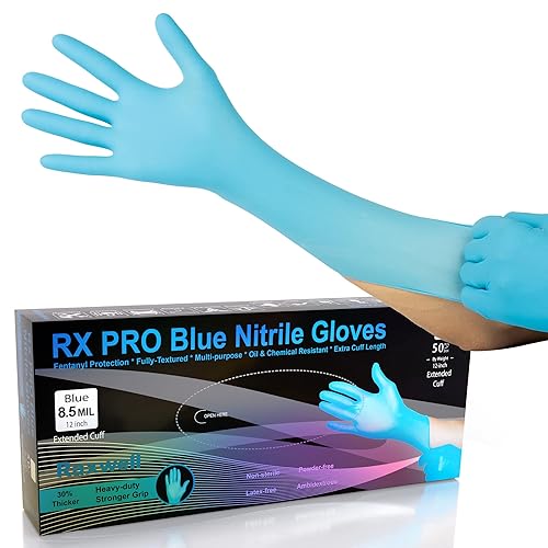Raxwell Blue Nitrile Disposable Gloves - 8.5mil, Extended Cuff, Latex Free, Food Safe - Waterproof Textured Cleaning Gloves - Medium - 50 Count