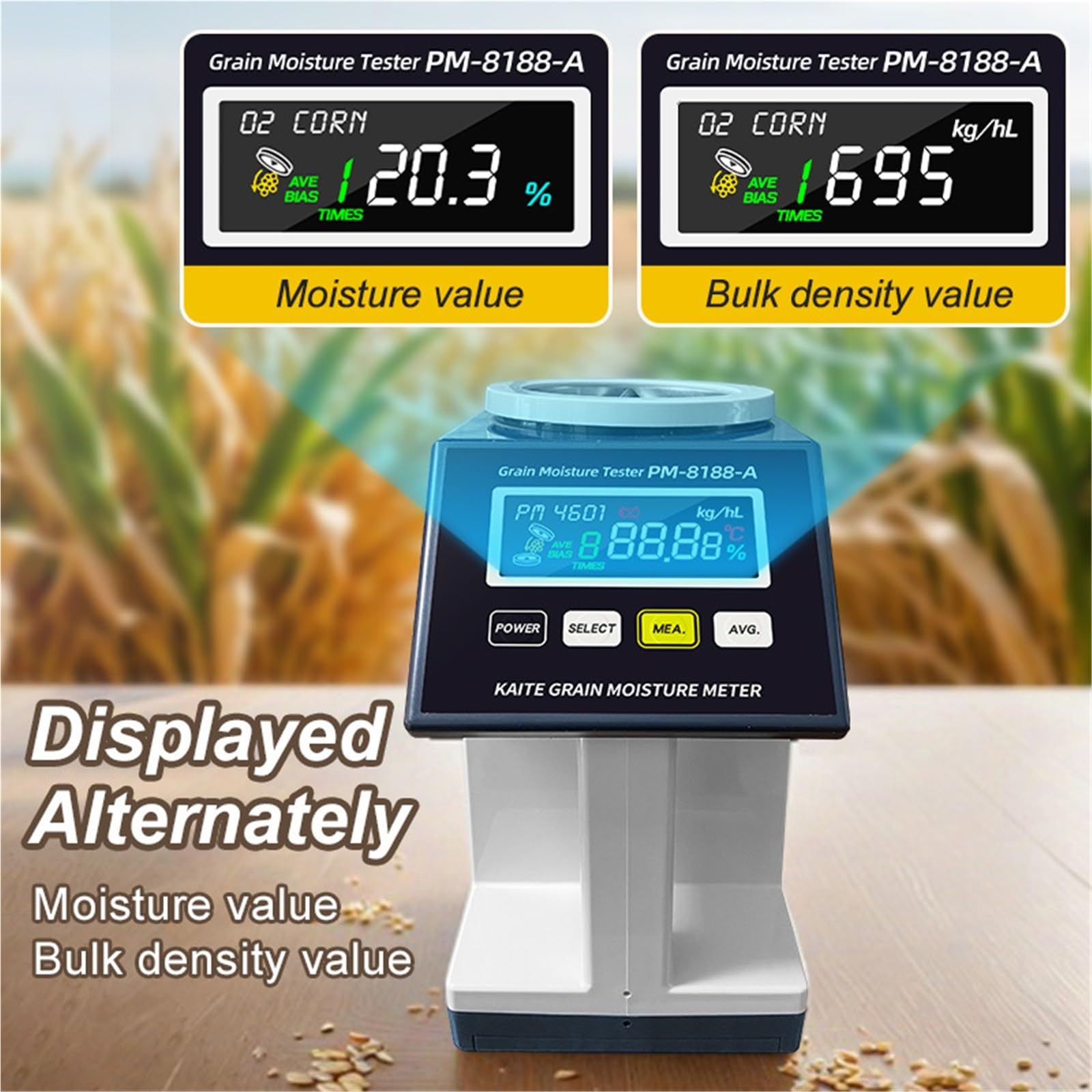 Humidimètre, Humidimètre de grains PM-8188-A, 31 types graines, testeur avec écran couleur rétroéclairé densité en vrac, analyse d'eau haute précision