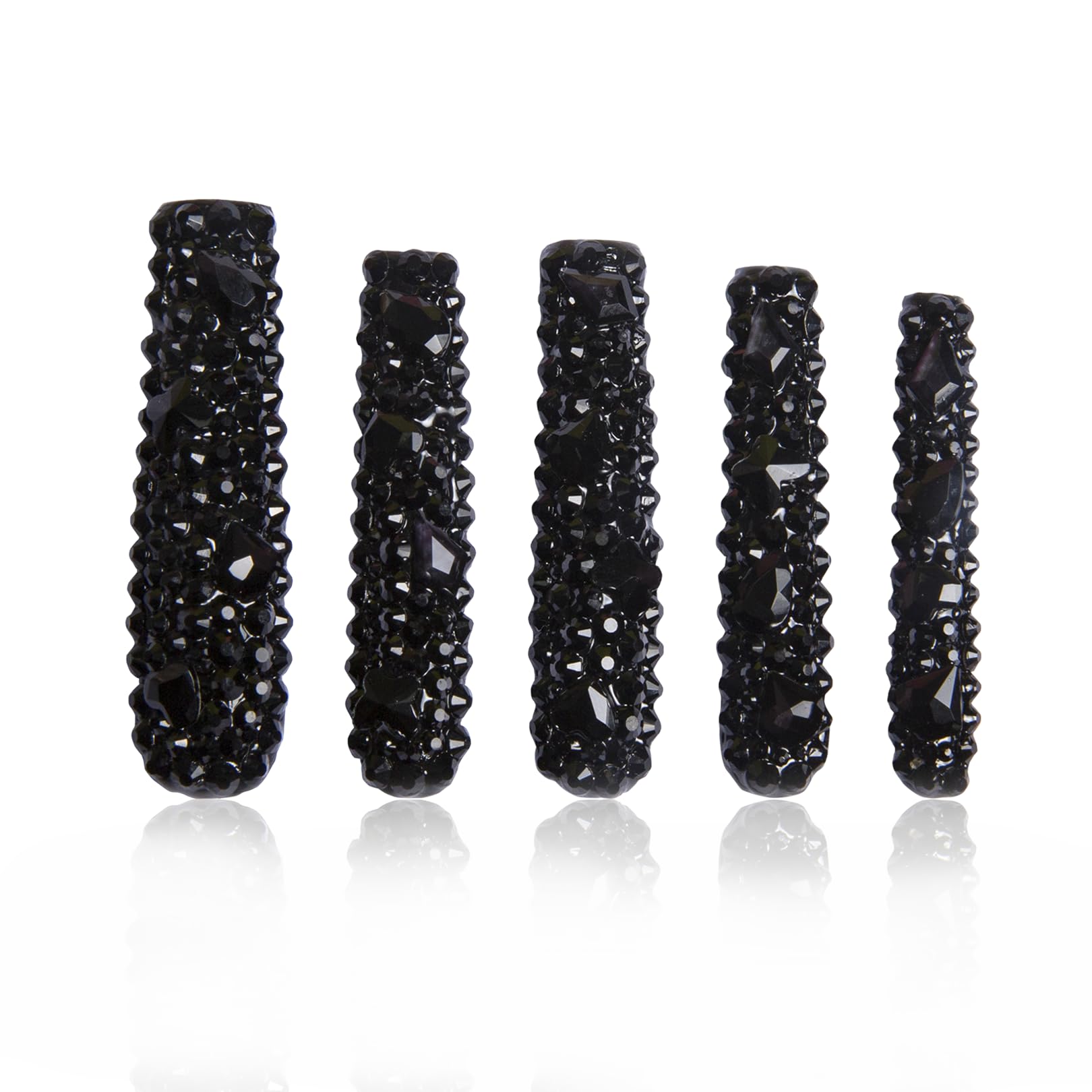 LOVFUL Press on Nails Classic Black Rhinestone| Handmade with Full Covered Crystals | Reusable Fake Nails | Square Long 2.2 in | H146-L