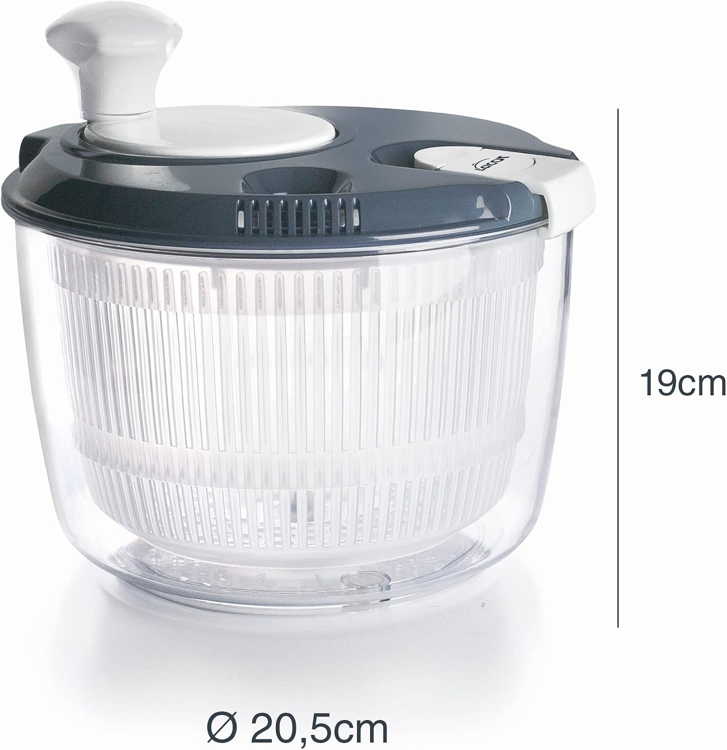 Lacor - 61422 - Klein High Speed Centrifuge, Rotary Knob, Lock System, 3 Pieces: Drainer, Grid, Bowl, 100% BPA Free, Ø 20,5 x 19 cm, Grey