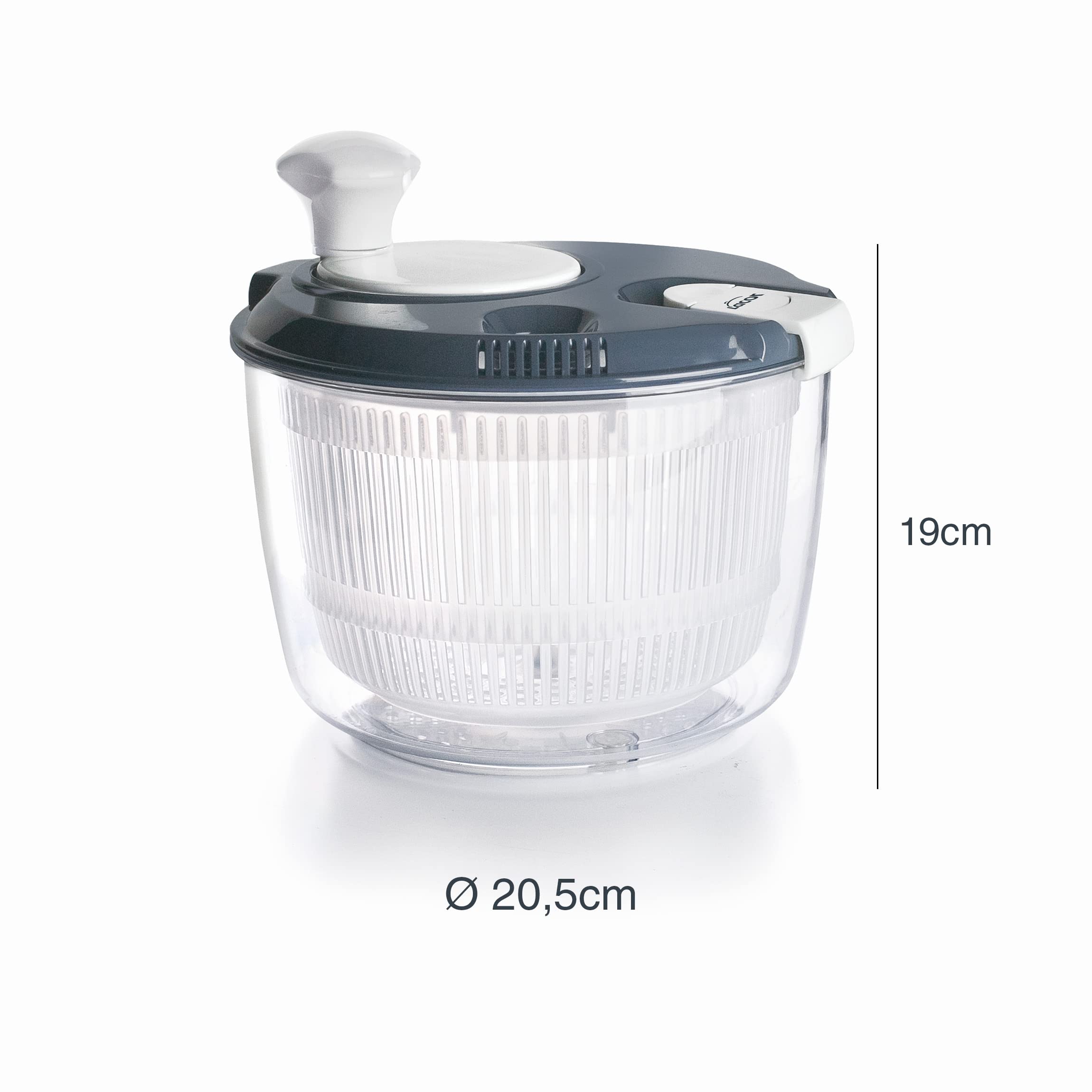 Lacor - 61422 - Centrifugadora KLEIN de Gran Velocidad, Pomo Giratorio, Sistema de Bloqueo, 3 piezas: Escurridor, Rejilla, Bol, 100% libre BPA, Ø 20,5 x 19 cm, Gris