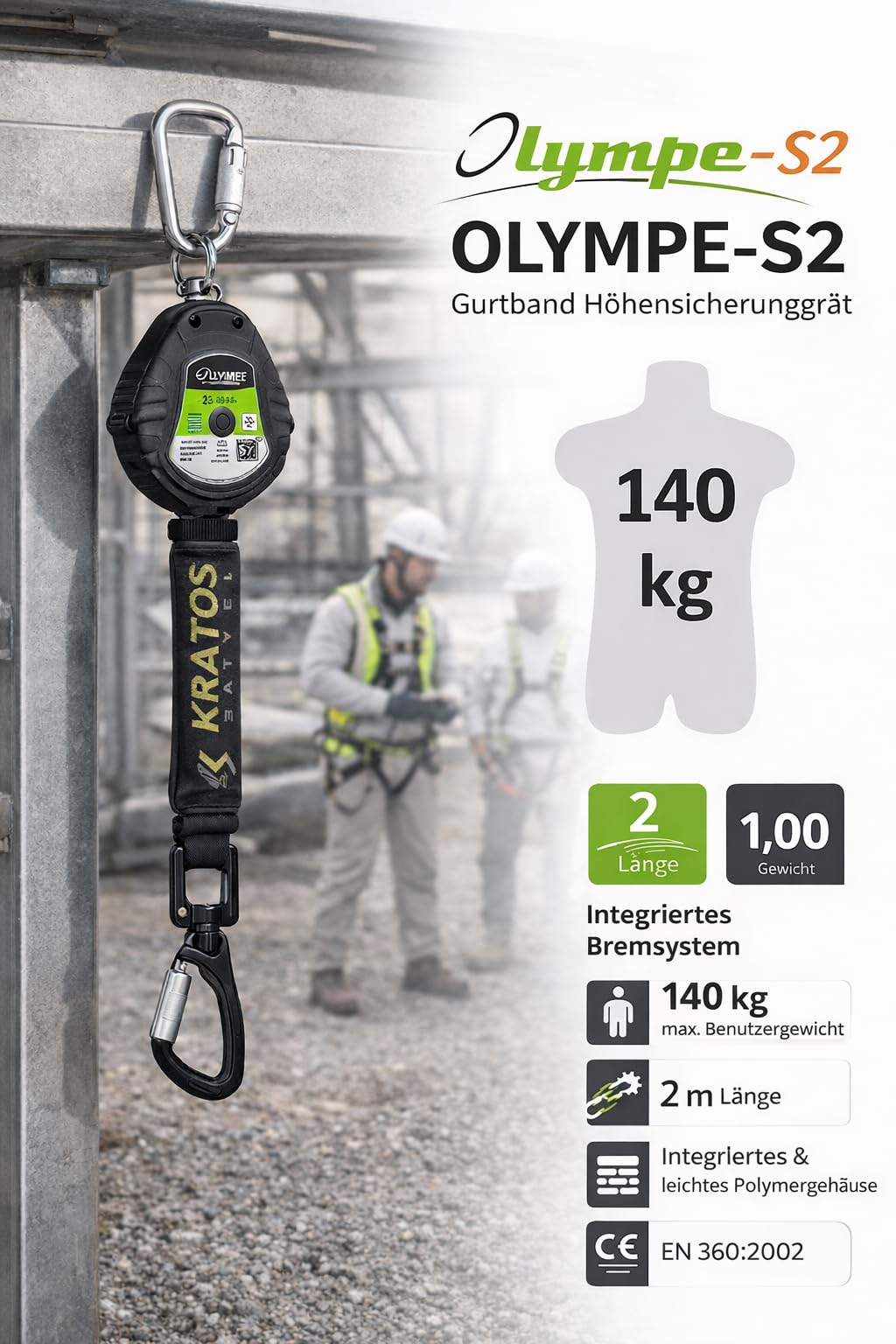 KRATOS SAFETY - Olympe-S2, Antichute à Rappel Automatique avec Sangle LG. 2m - 119-FA2050202