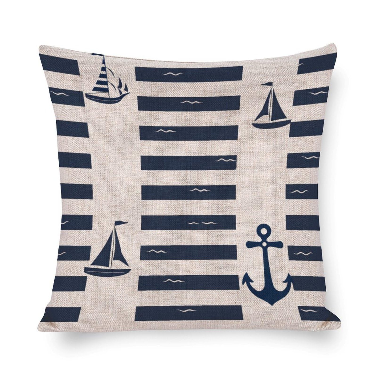 MaSiledy Linen Cushion Case Outdoor Home Decoration Navy Blue&White Striped Pillows Nautical Navy Anchor Sailboat Navy Blue Stripe Outside Pillows