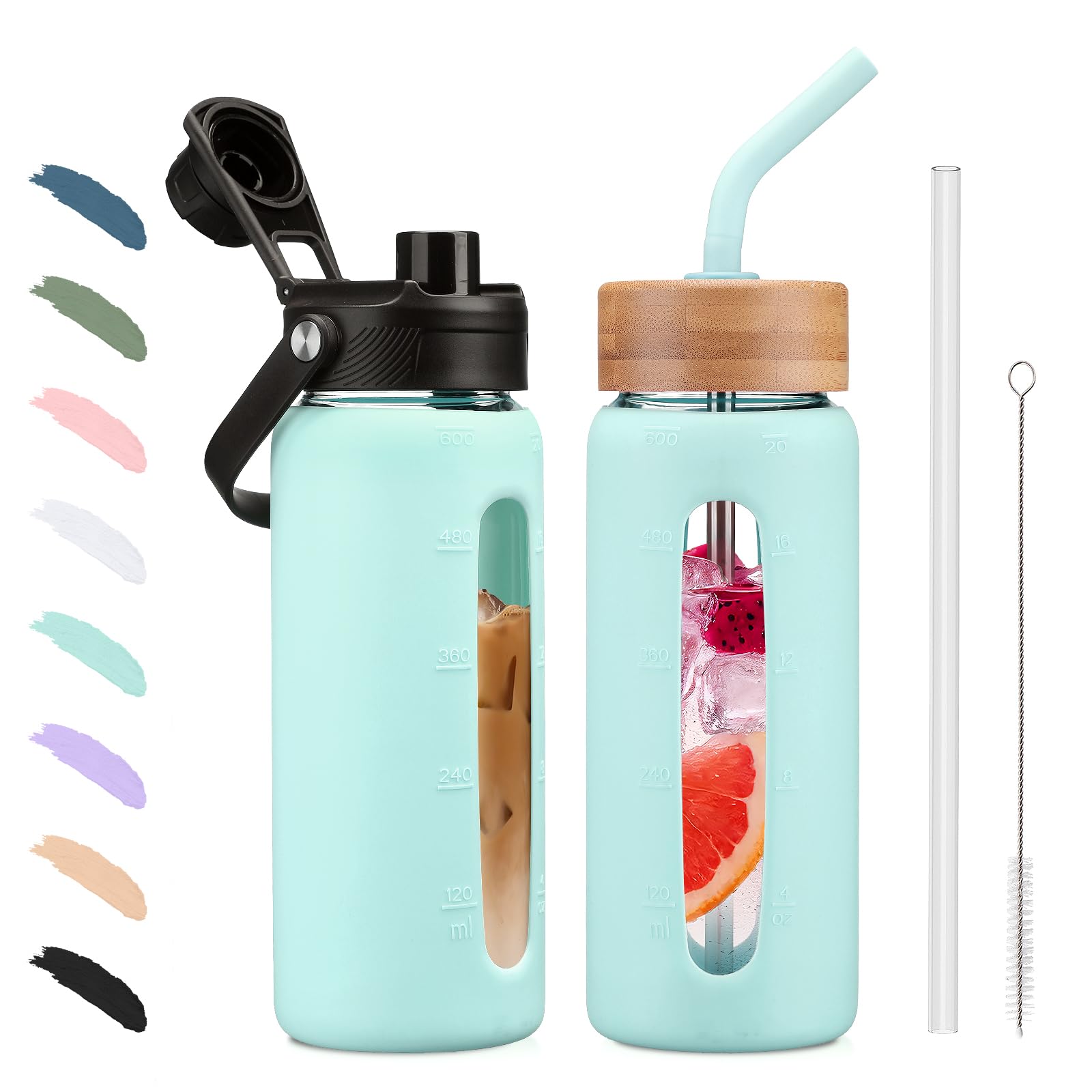 BLUEGO Borraccia in vetro da 600ml con cannuccia e 2 coperchi, tazza da caffè in vetro con custodia in silicone, senza BPA, Azzurro