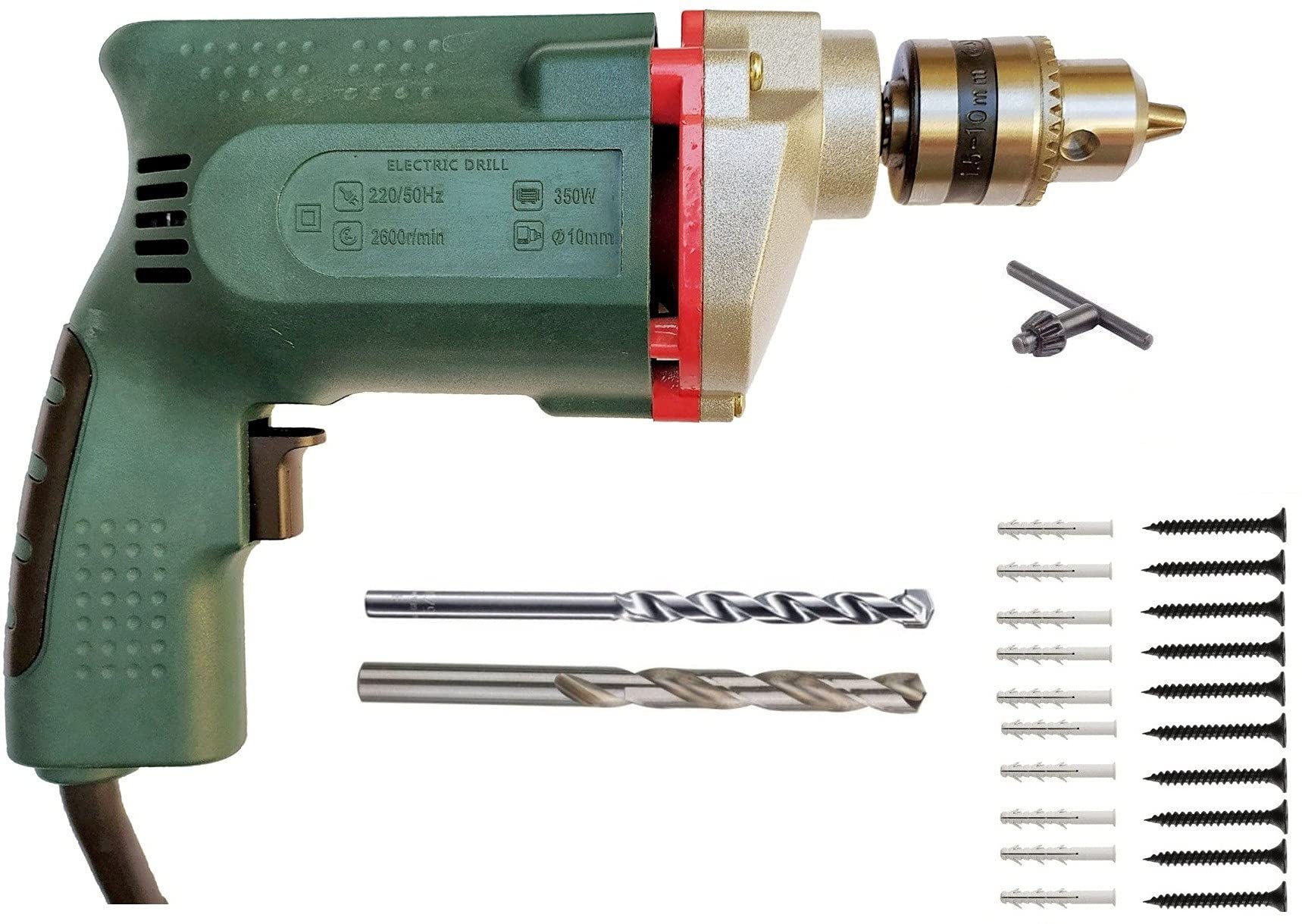inditrust heavy duty 10mm electric drill machine 350 w with 1pc 1/4inch masonry drill bit 10+10 pc screw patch and 1pc hss wood bit set power & hand tool kit