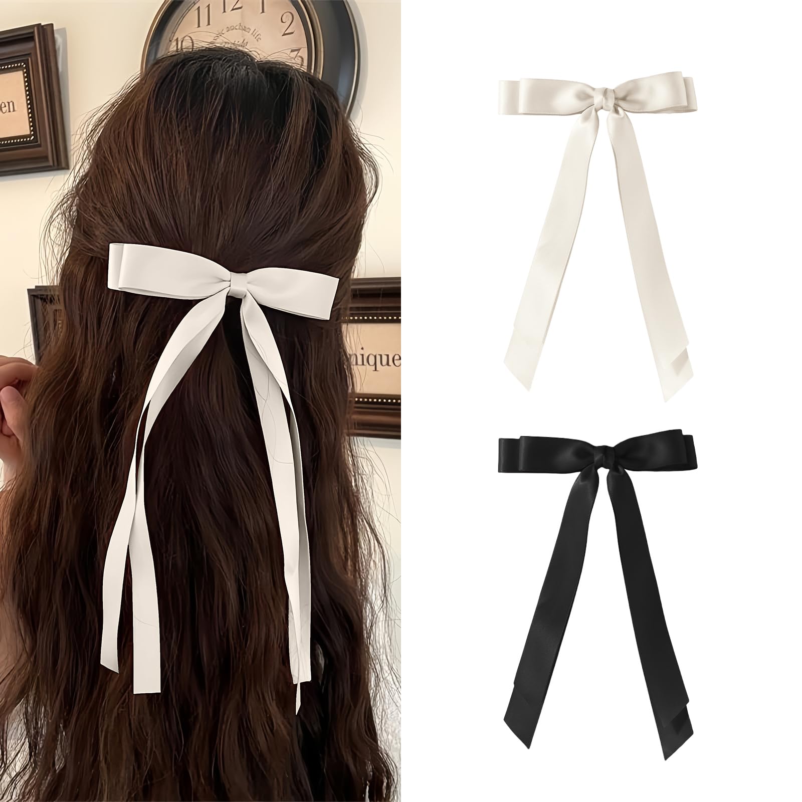 Produktbild von Schleife Haarspange - 2 Stück Kurze Satin Haarschleifen Clips Mit Klammer, French Haarspangen Mit Kleine Schleife Und Bändern Haarschmuck Für Frauen, Hochzeit, Weihnachten (Reinweiß + Schwarz