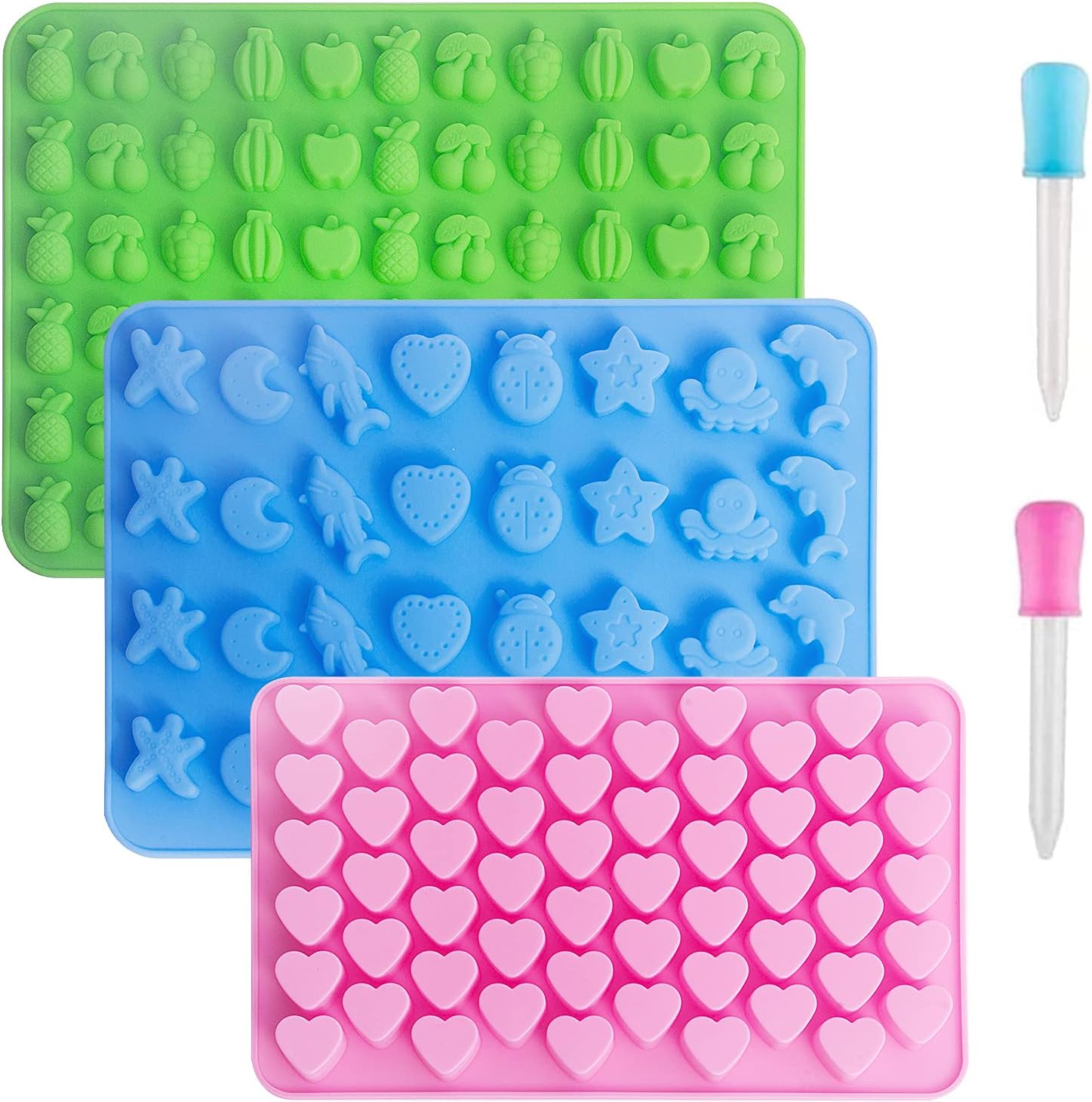 3 Pack Mini Silicone Gummy Candy Chocolate Molds Contains Small Hearts, Fruits, Marine Animal Shapes and 2 Droppers for Making Gummy, Candy, Chocolate and Small Ice Cubes