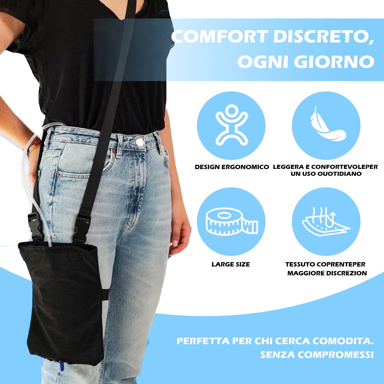 Bolsas para catéter universal, soporte elástico y versátil para catéter de pierna, bolsas de orina para llevar, correa de hombro ajustable y abertura invisible, usable y discreta (Negro)