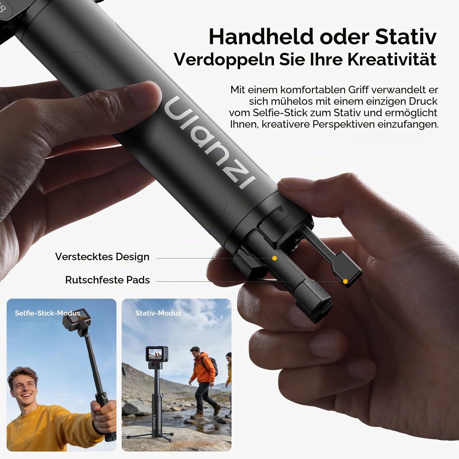 Ulanzi MT98 Selfie Stick Stativ kompatibel mit Insta360 X4/X5/X3/Ace Pro/ONE X2, Faltbarer Action Kamera stativ für DJI Osmo Pocket 3 4; 1/4" Zoll Handheld Pole Stick; 57cm Unsichtbarer Selfie-Stick