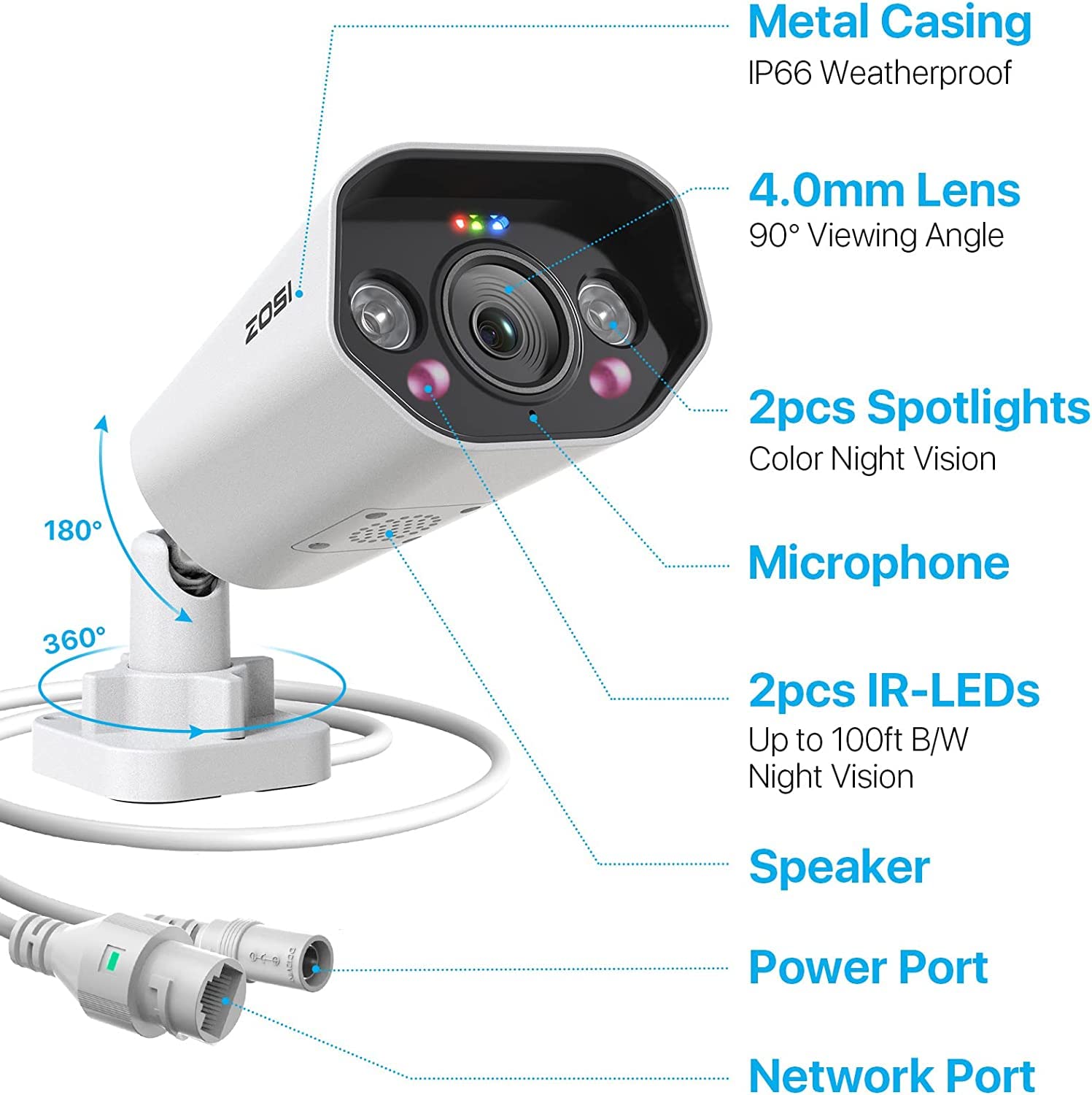 ZOSI 5MP Telecamera IP PoE, AI Rilevamento di Persone/Veicoli, Audio Bidirezionale, Allarme di Faretti e Sirena, Archiviazione Cloud o Locale, Funziona con Switch PoE