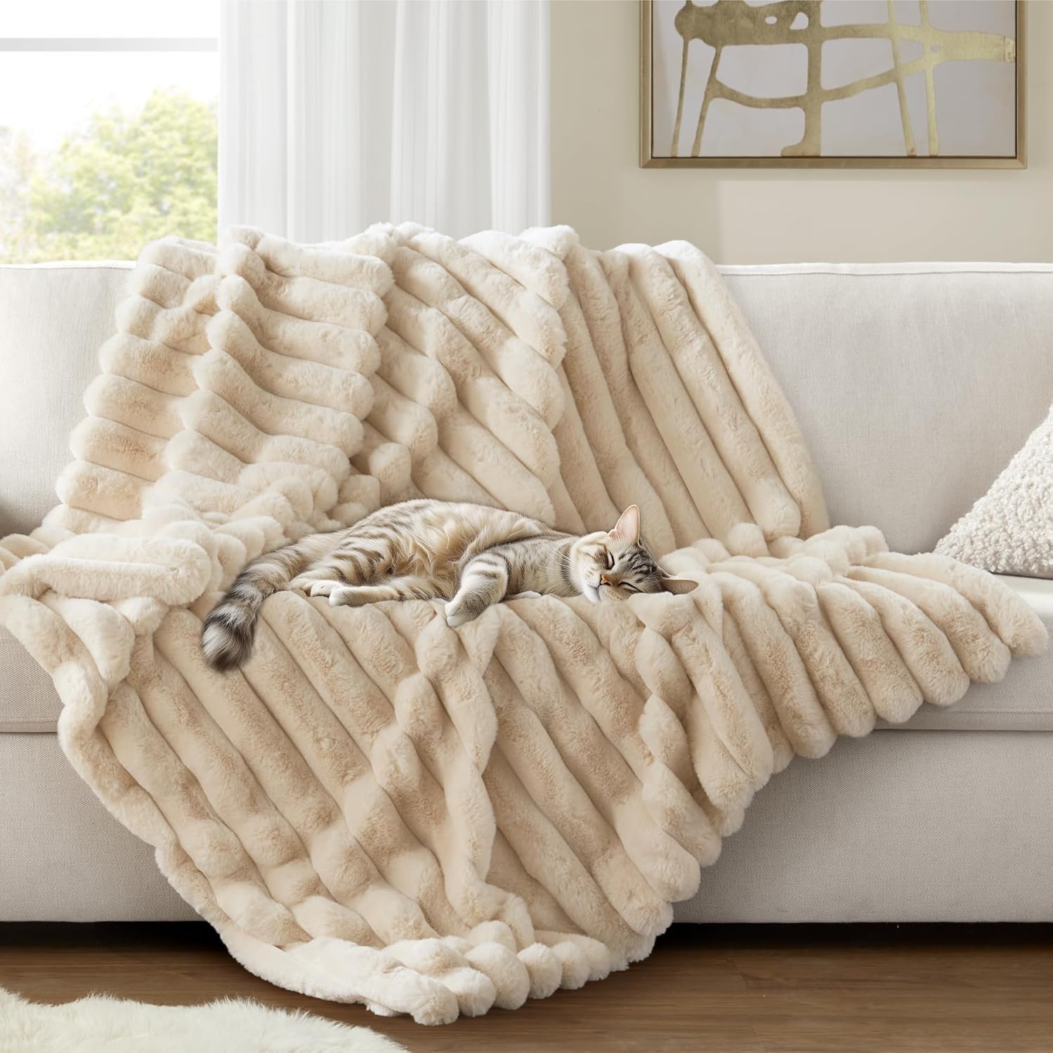 Lanqinglv Knuffeldeken, pluizige deken, 150 x 200 cm, kaki, konijntje, kunstbont, deken, pluche, woondeken, dik, flanel, bankdeken, warme sprei, bankdeken, deken voor bed, bank, slaapkamer, kantoor