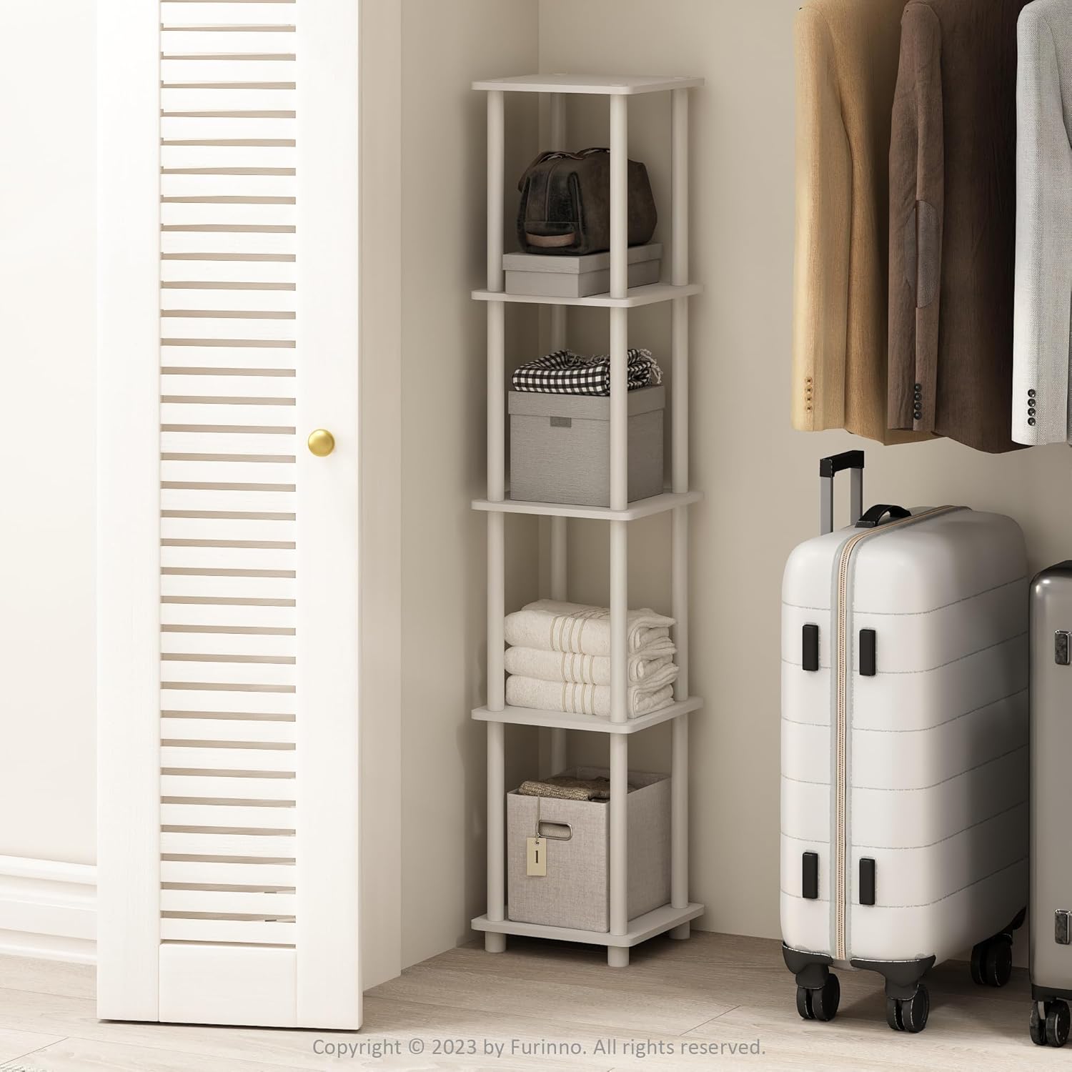 Furinno Turn-N-Tube 5-Tier Corner Square Rack Display Shelf, White/White