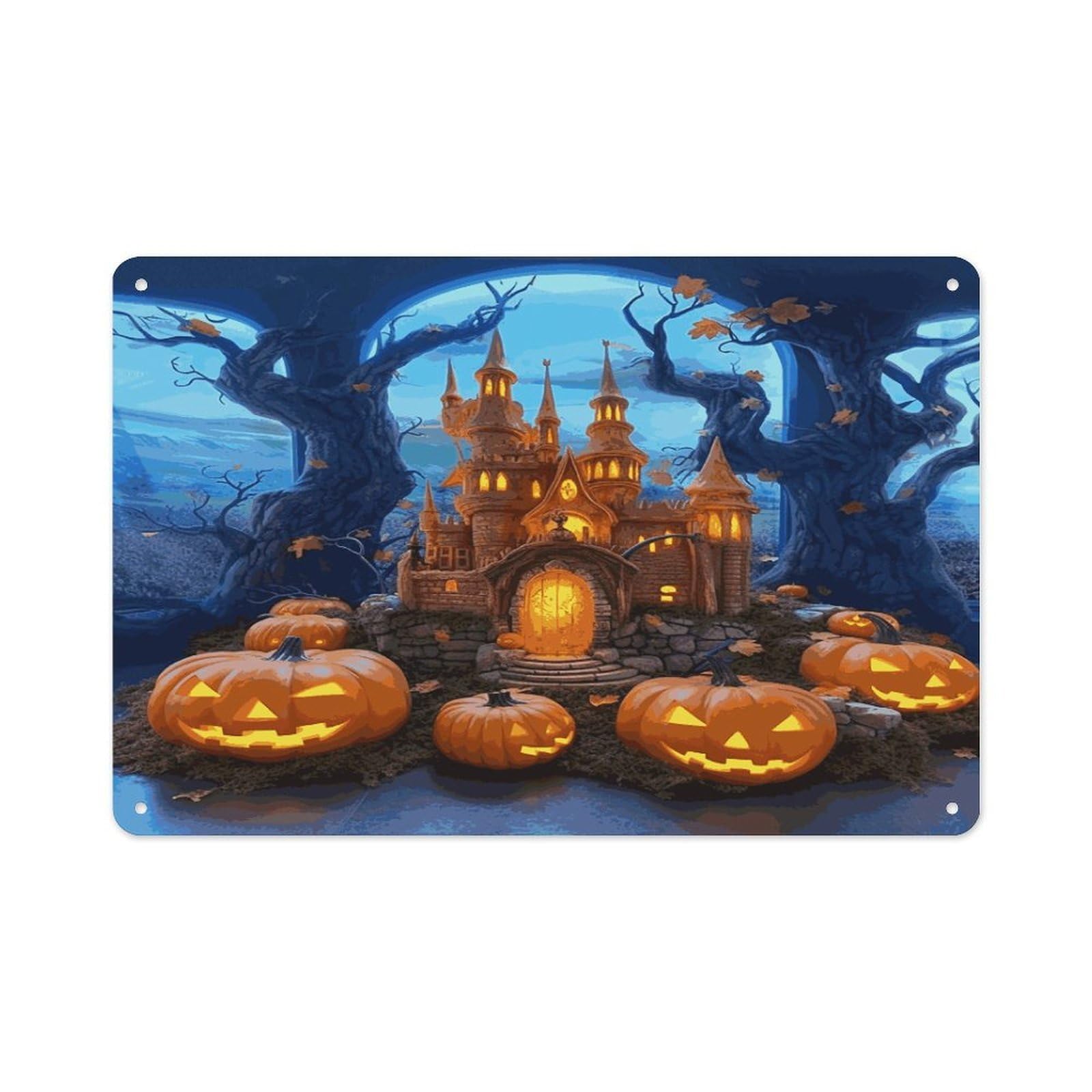 Btcowzrv Style Halloween Castle Pumpkin Metal Sign 7.9 X 11.8 Inch, Aluminum Sign Wall Art Decor Easy To Install, Decorative Plaque For Home Bar Kitchen Pub Shop Garage
