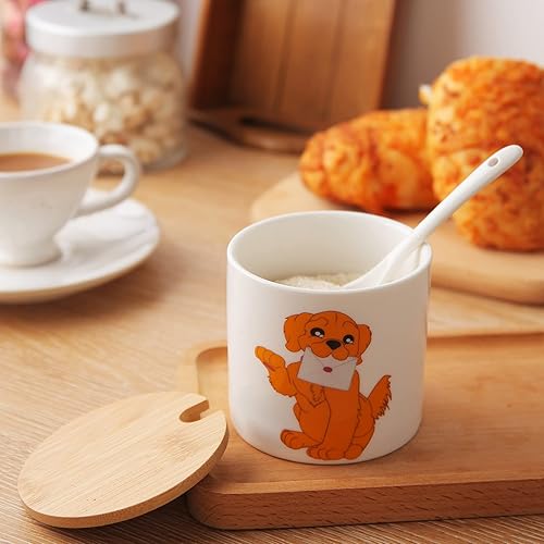 Miniatura 2 de Kitchenexus Azucarero de cerámica, azucarero de porcelana con tapa de madera y cuchara de acero inoxidable de 9 oz/9.0 fl oz con patrón de perro,
