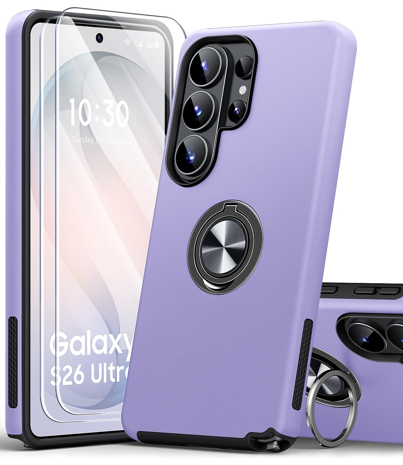 AOUIA für Samsung Galaxy S26 Ultra Hülle mit 2 Stück Panzerglas, 3-in-1 Set Schutzhülle, 360°Drehbarer Ring Kickstand, Militärstandard Stoßfest Handyhülle für Samsung S26 Ultra, Veilchen