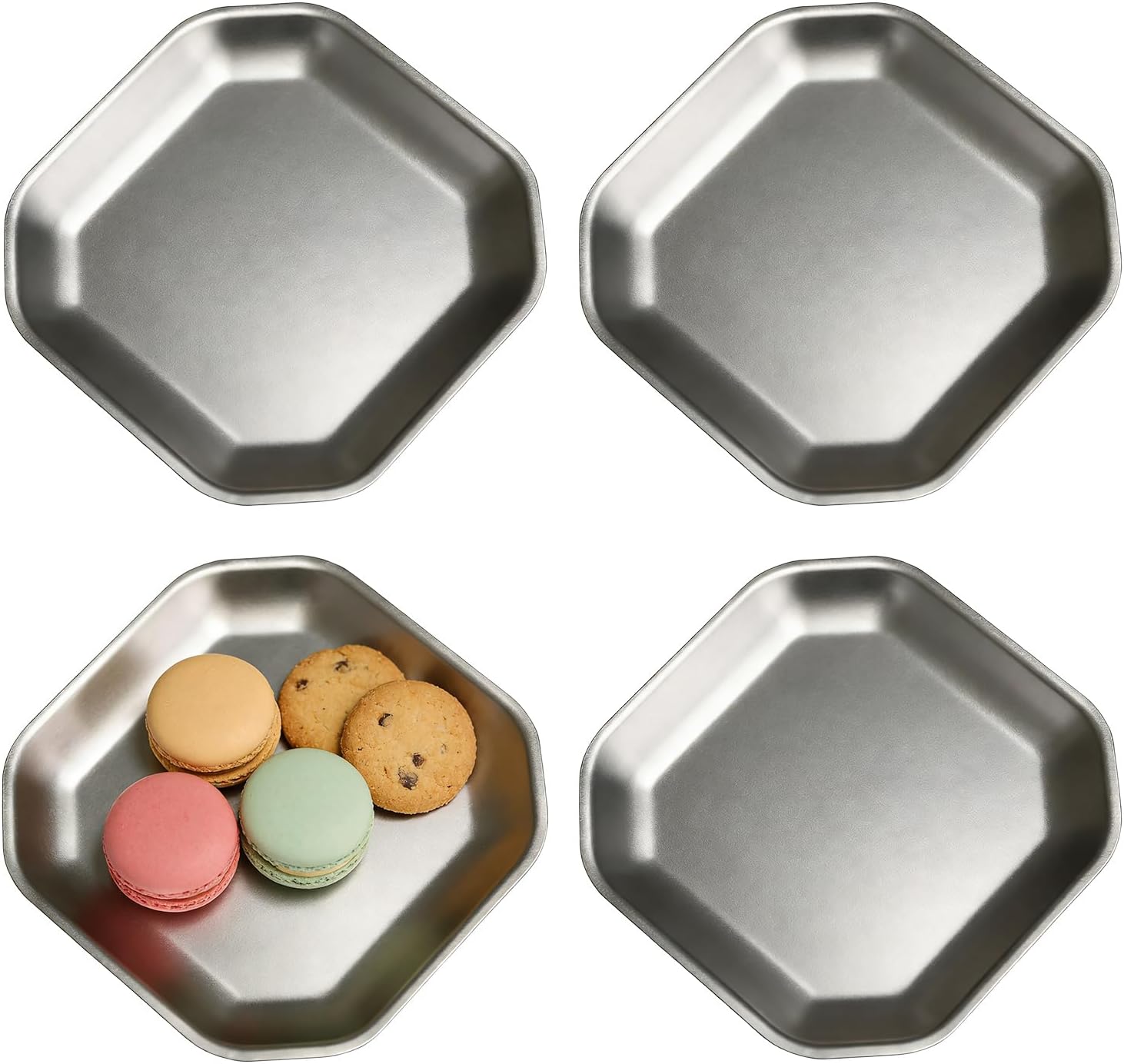 Stainless steel appetizer plates, thickened silver square platters 5.9x5.9 inches, for appetizers, sushi, desserts, fruits, and snack bites, 4-piece set