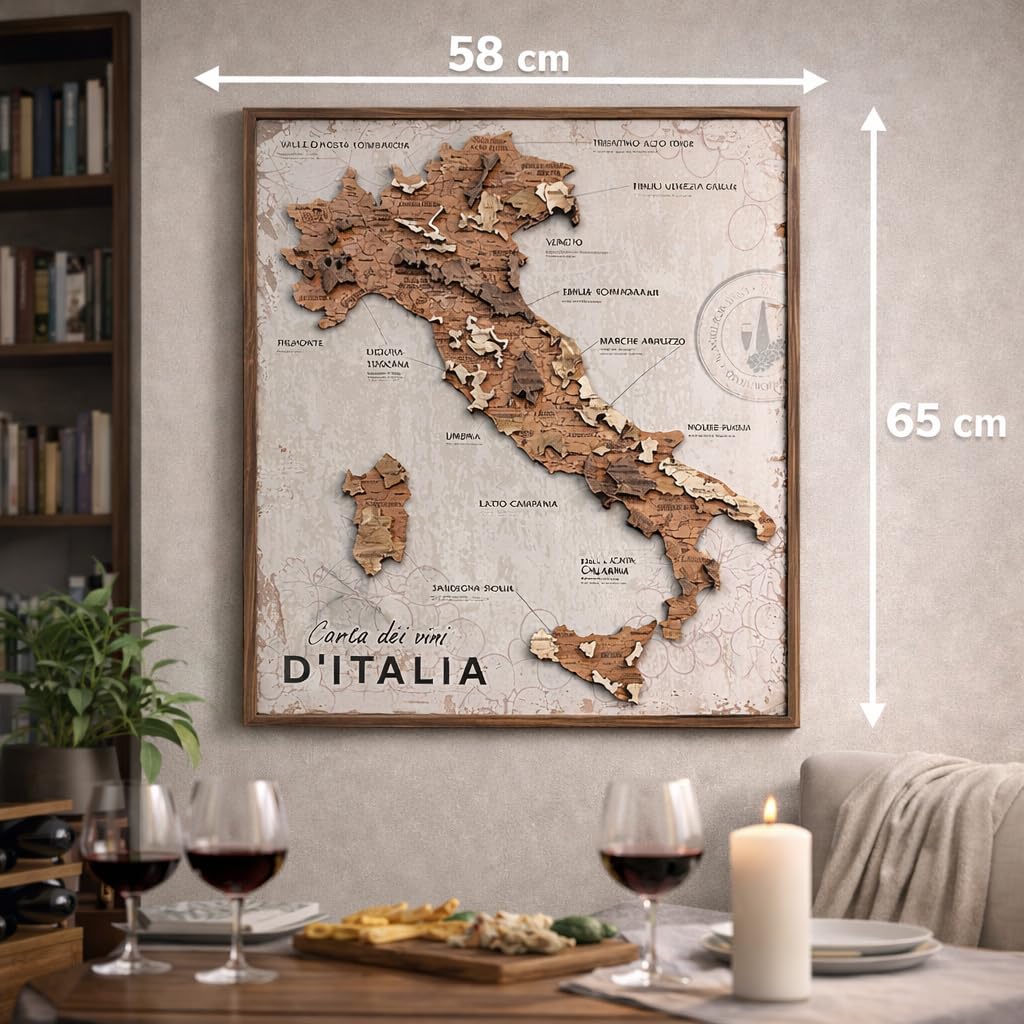 CREATIFWOOD Quadro Carta dei Vini d’Italia su Pannello in Legno – 58 x 65 cm – Mappa delle Regioni Vinicole Italiane – Idea Regalo per Amanti del Vino