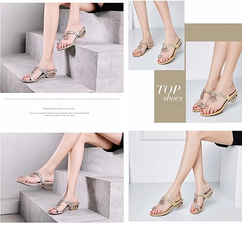 Miniatura 6 de Sandalias de tacón bajo para mujer, sandalias de playa con tacón de bloque de diamantes brillantes para verano, sandalias de soporte de arco.