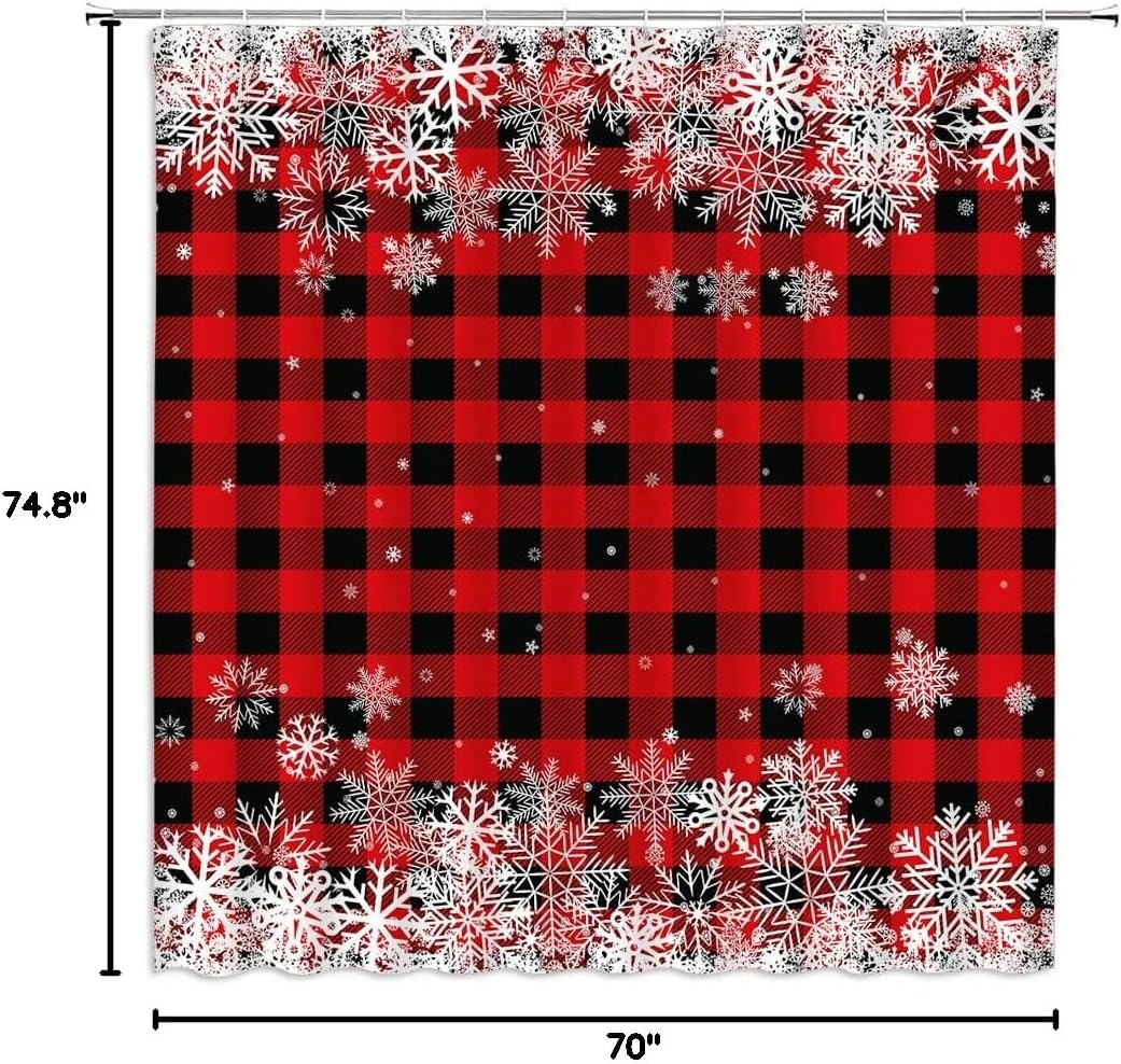 Merry Christmas Shower Curtain Snowflake Red Black Buffalo Check Plaid Farmhouse Winter Holiday Happy New Year Fabric Bathroom Decor Curtain Sets with Hooks,Red Black White