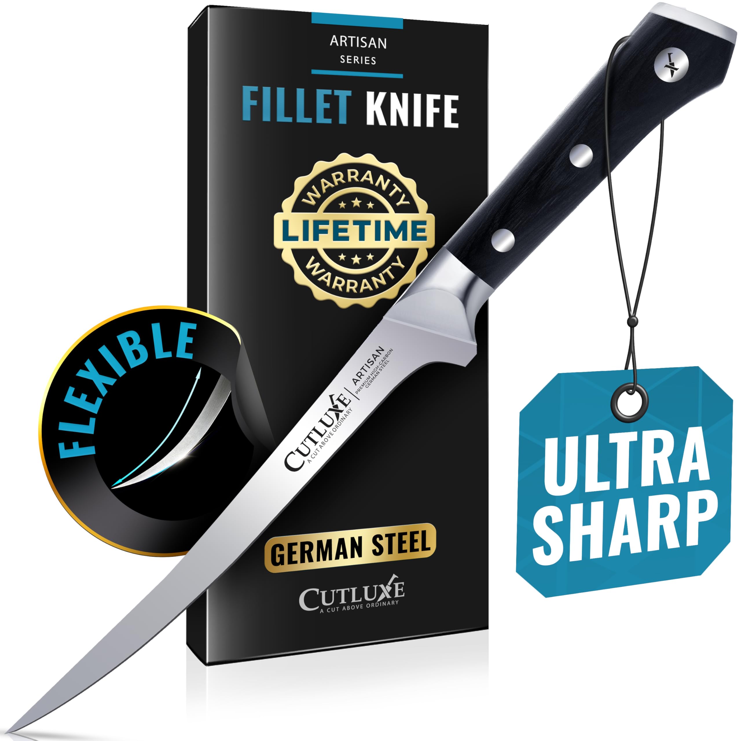 Cutluxe Fillet Knife for Fish & Meat – 7" Razor Sharp Boning Knife – Flexible High Carbon German Steel, Full Tang Ergonomic Handle Design – Artisan Series