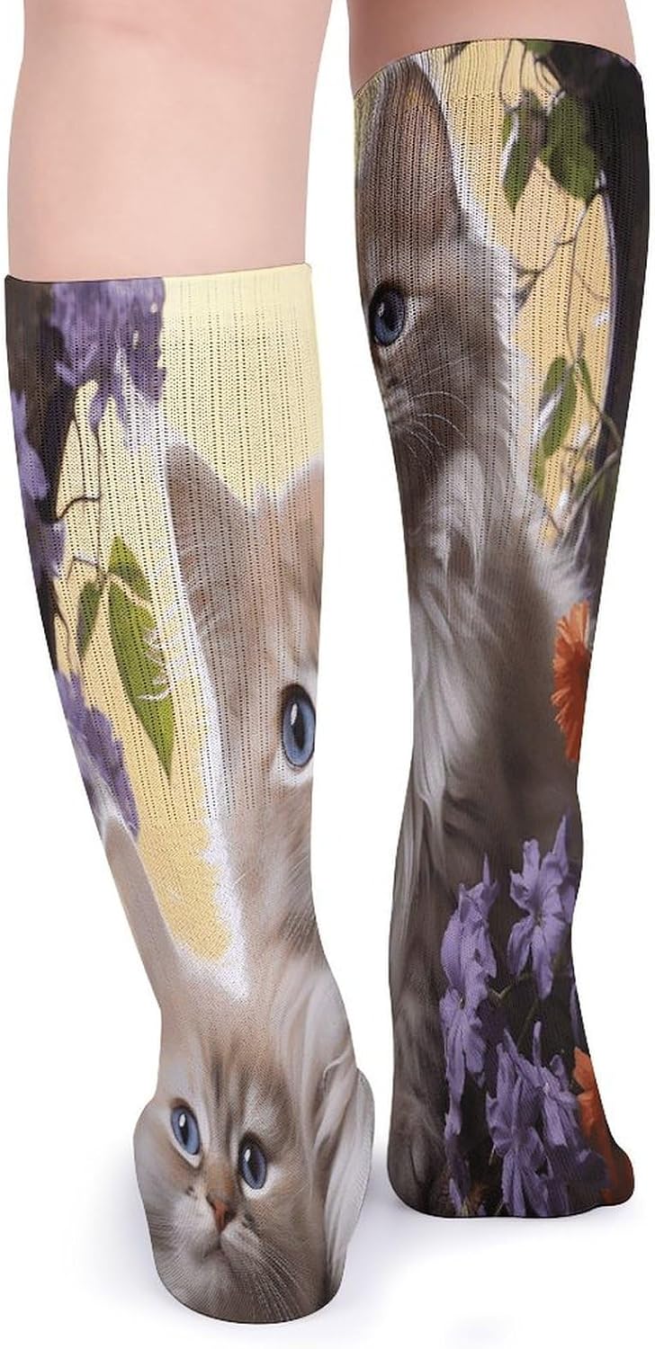 Cat Flowers Knee High Socks Cozy Knee High Socks Soft Mid-Length Sock for All Seasons Daily Wear Adult