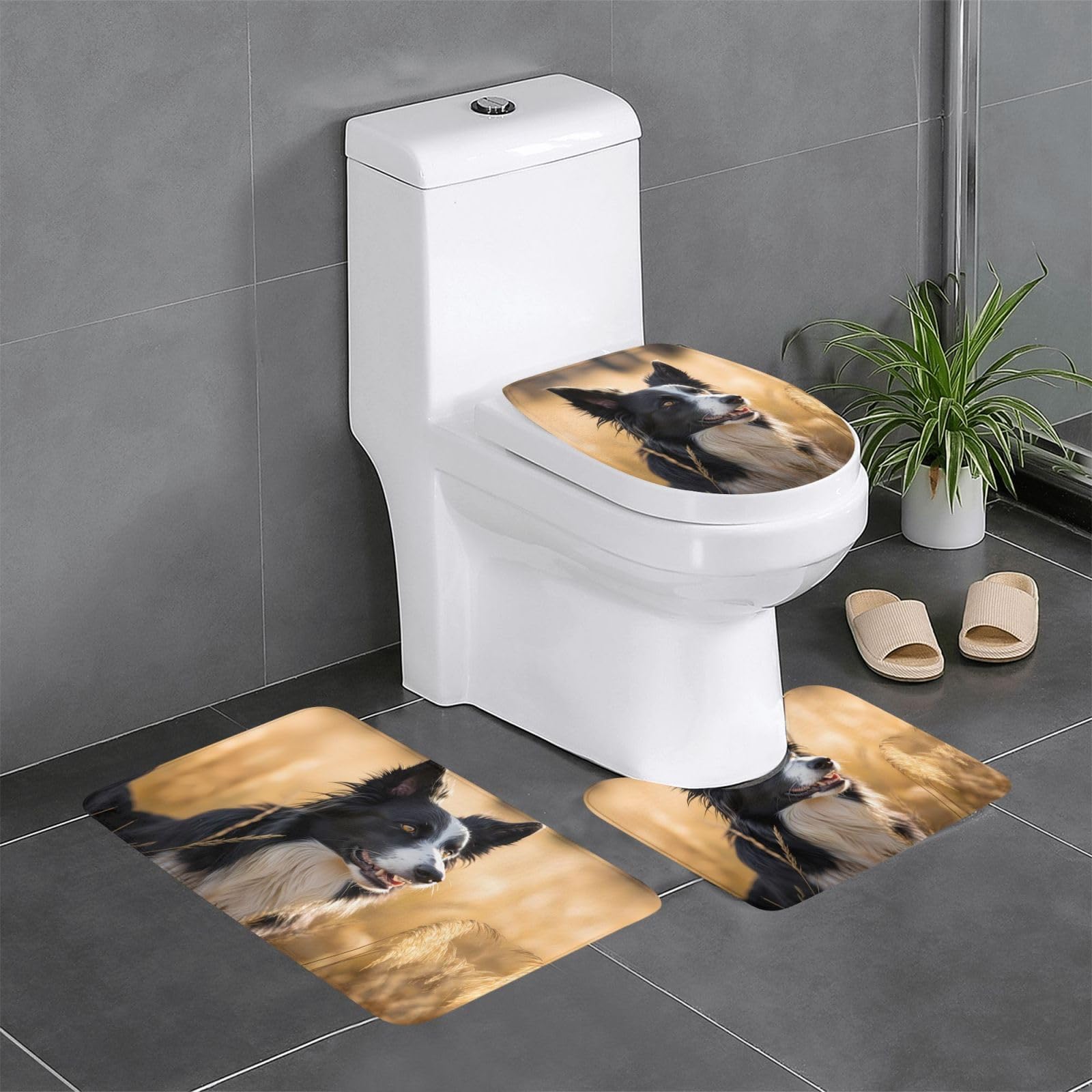 Tapis de salle de bain Border Collie en set de 3 pièces aux finitions soignées
