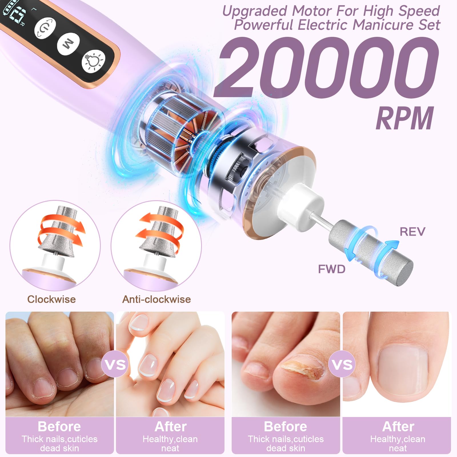 Kit professionale per manicure e pedicure con luce LED a 360°, 10 velocità e modalità memoria, trapano elettrico senza fili, strumenti per pedicure per piedi, lima per unghie per unghie spesse e