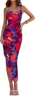 Women 2025 Summer Mesh Dress Spaghetti Strap Cowl Neck Print Ruched Bodycon Dresses Asymmetrical Long Dress