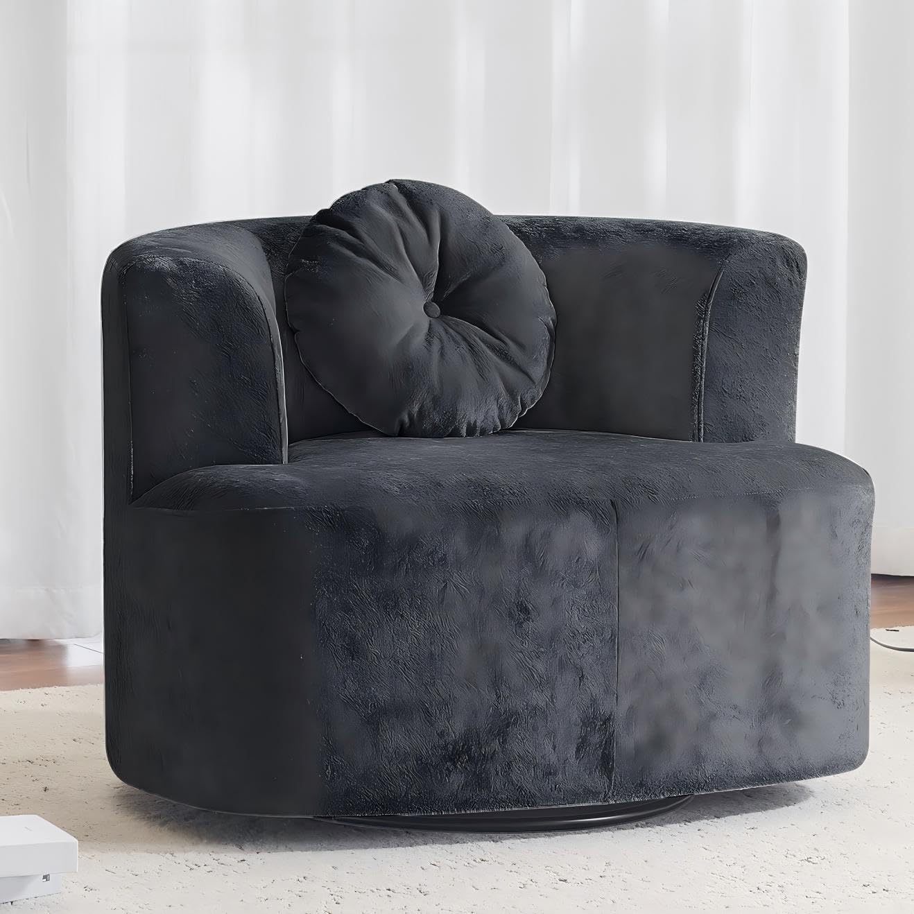 MELLCOM Oversized Swivel Accent Chair, Modern Curved Back Single Sofa Chair, Comfy All-Foam Compression Upholstered Round Armchair with Pillow,Cozy Chenille Barrel Chair for Living Room,Bedroom(Grey)