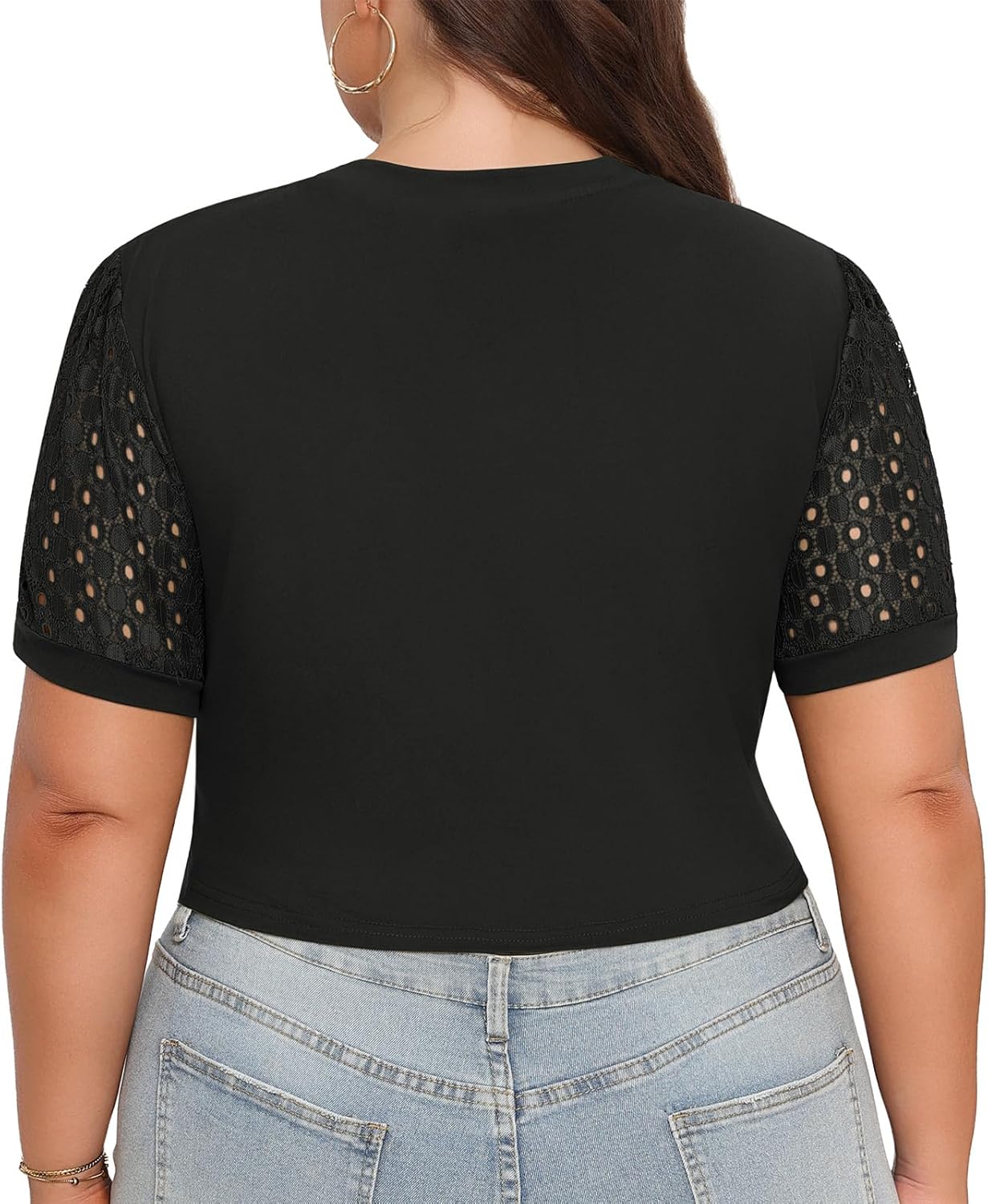 Lastshe Plus Size Lace Short Sleeve Cropped Tops for Women Summer Trendy Basic T Shirt Blouses - Image 5