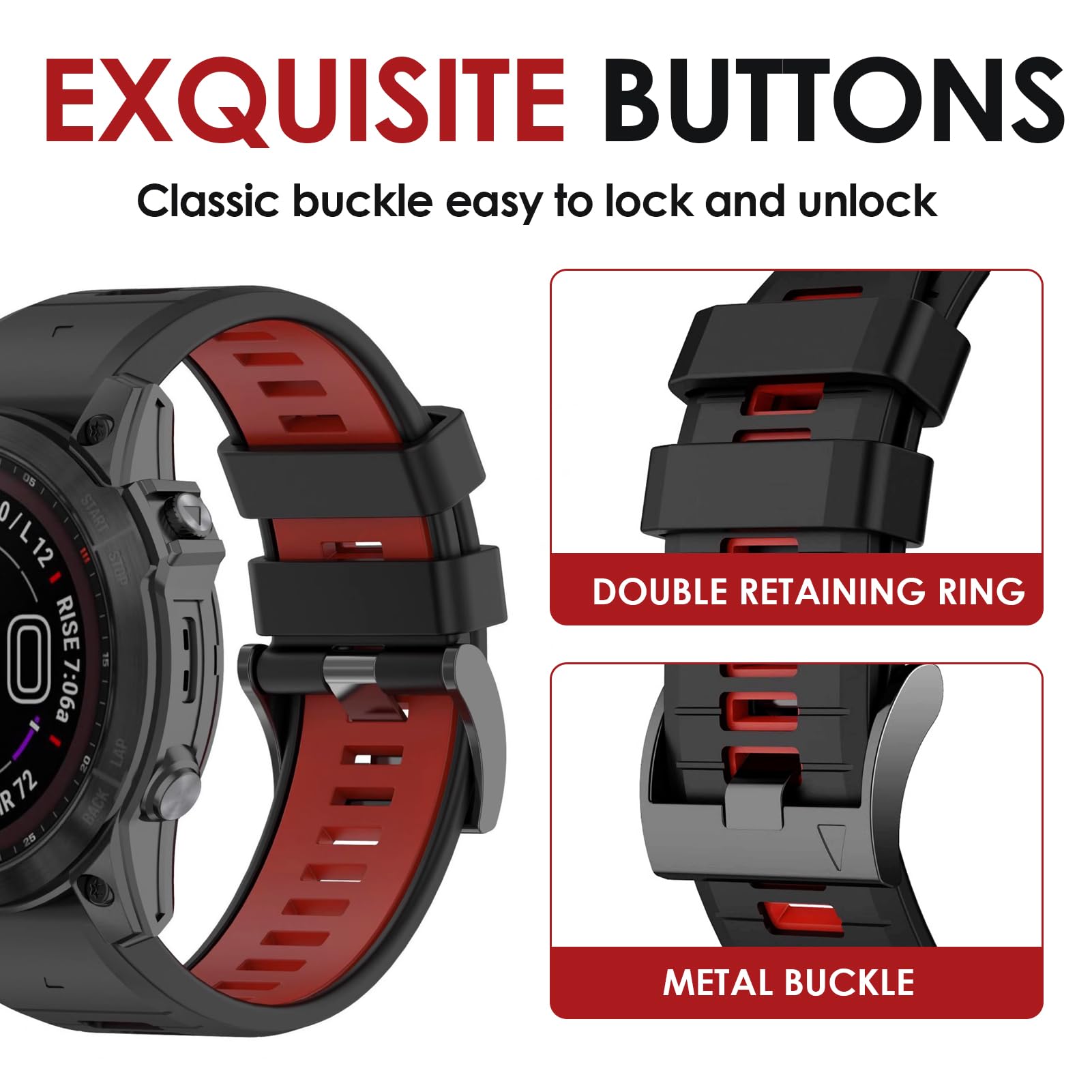 For Garmin Fenix 7x 6x Pro Strap 26mm Silicone Quick Fit Watch Strap for Garmin Fenix 8 51mm/Fenix 7X Pro/Fenix 7X/Fenix 6X/Fenix 6X Pro/Fenix 5X/Fenix 5X Plus Sport Wristbands (Black & Red - Image 3