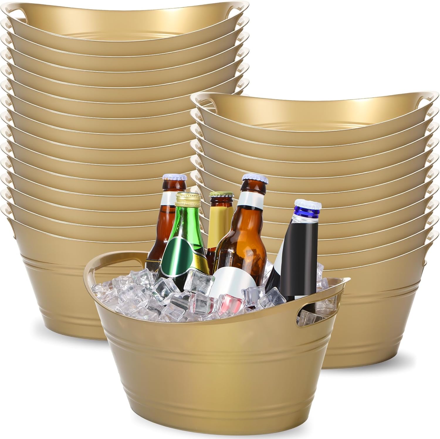 Norme 24 Pcs Oval Storage Tub with Handles 4.5L Plastic Ice Bucket, Wine, Beer, Champagne Drink Cooler for Parties, Beverage Storage Basket(Gold)