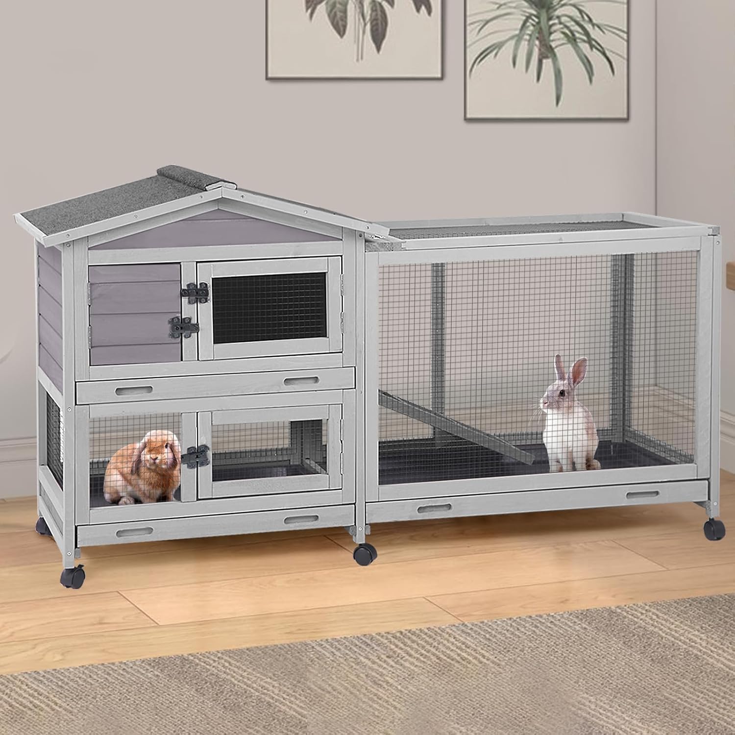 Aivituvin Rabbit Hutch Indoor 2 Story Bunny Cage Outdoor Guinea Pig Cage with Caster Wheels Chicken Coop with Run, 3 Pull Out Tray Grey
