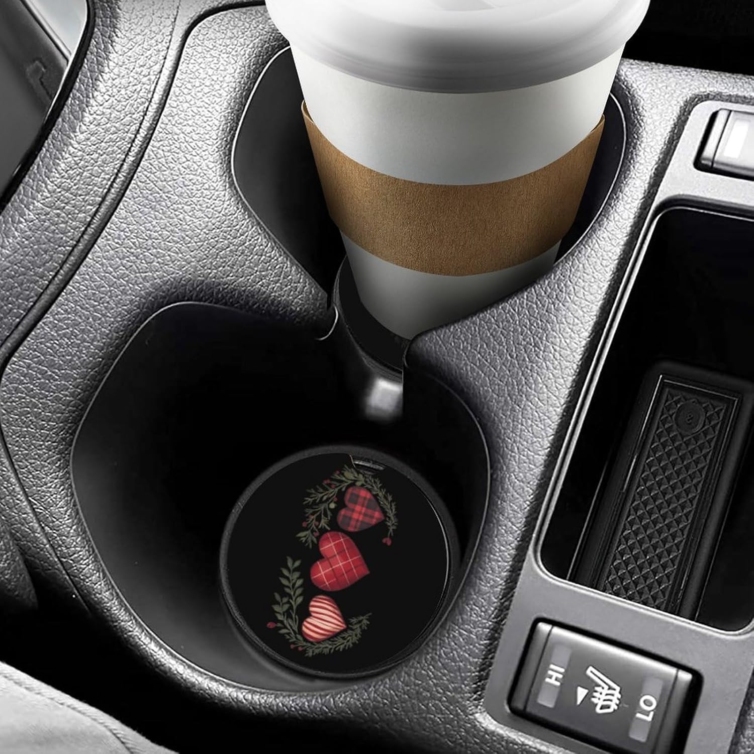 Buffalo Plaid Hearts Valentine's Day Cute Car Coasters 2.56 Inch Absorbent Cup Holder for Drinks Auto Interior Accessories