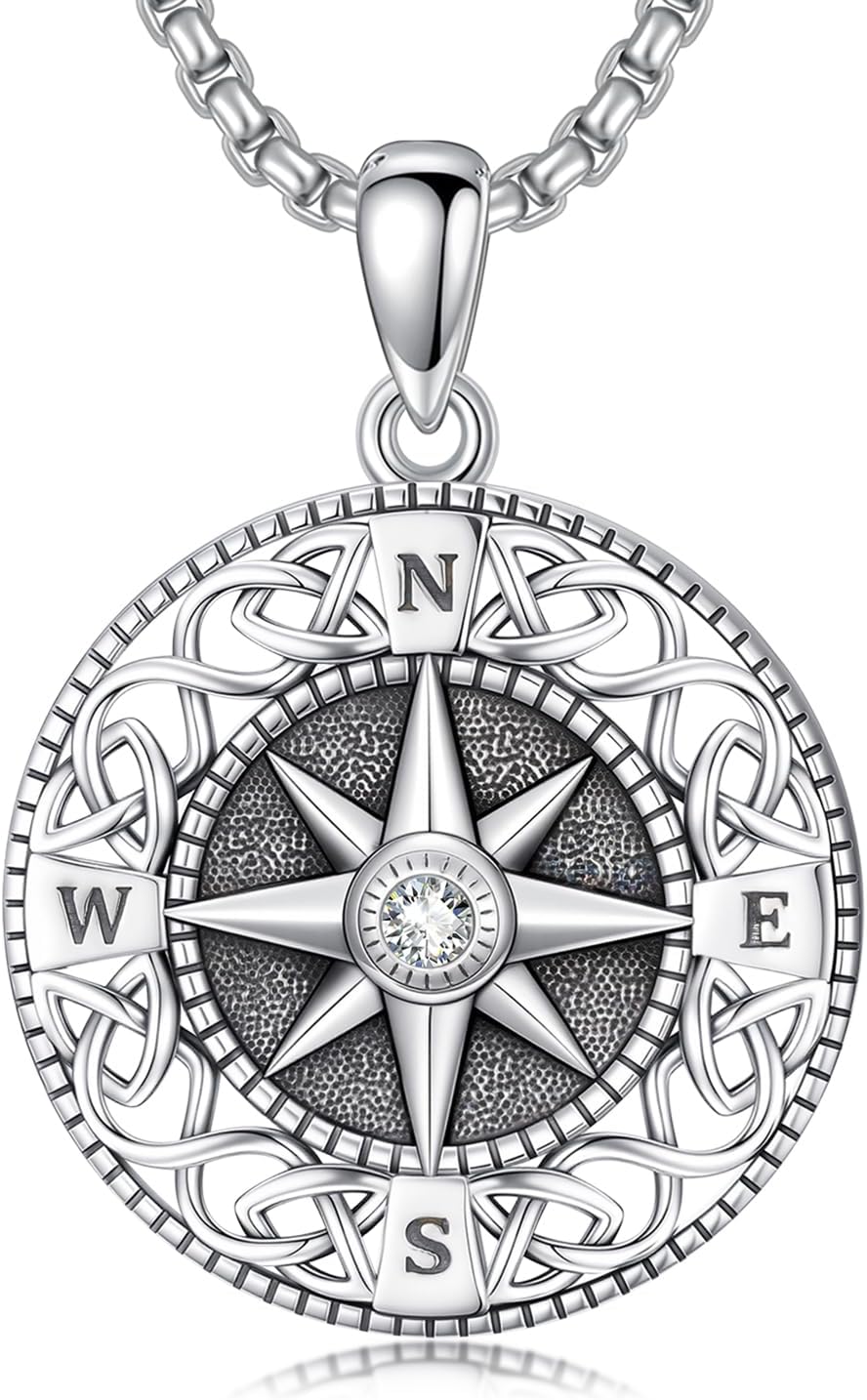 TRISHULA Compass Necklace for Men S925 Sterling Silver Abalone Shell Celtic Knot Compass Pendant Necklace Jewelry Graduation Christmas Gift for Him