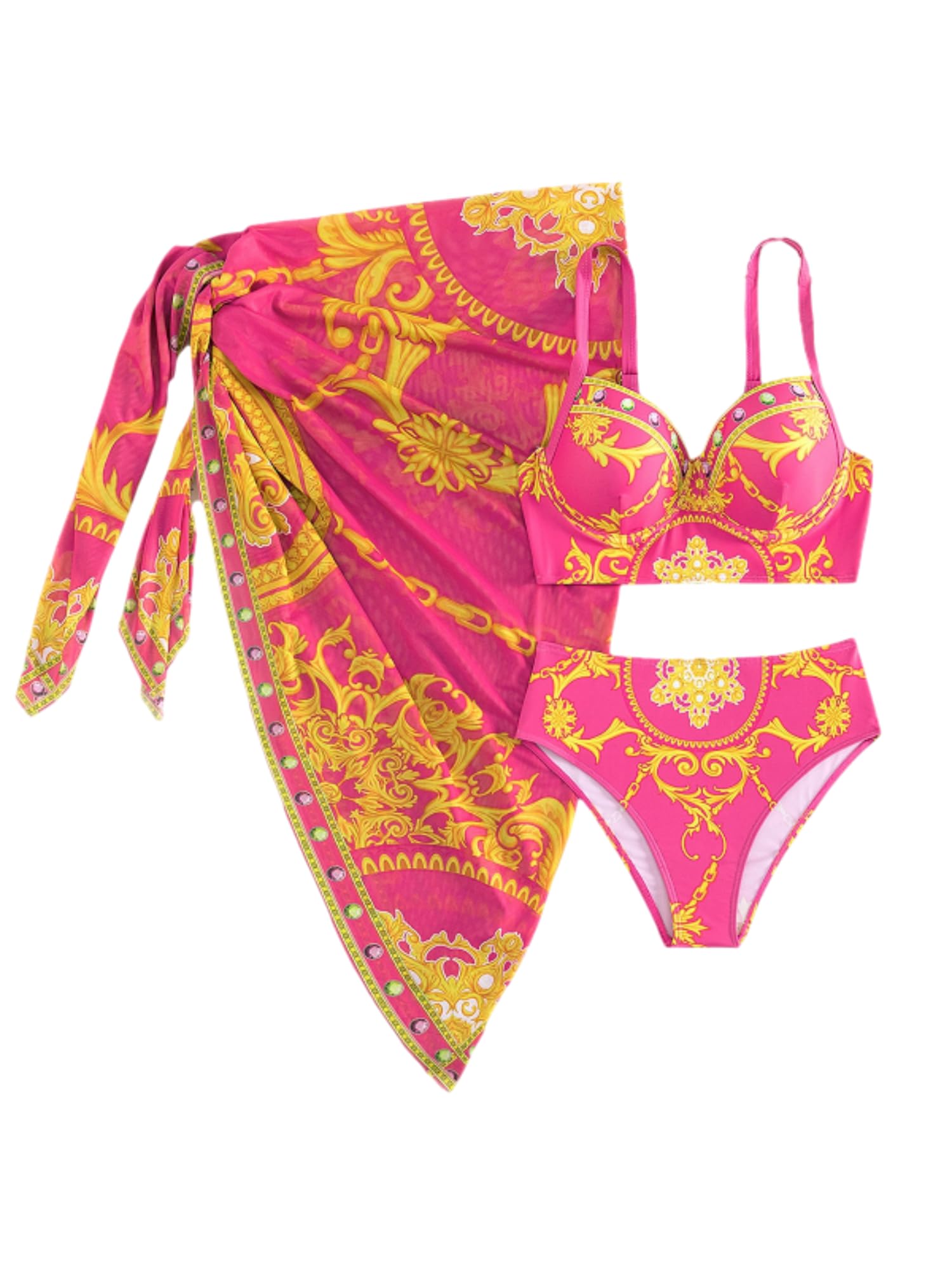 Polyamide Neon Pink Bikini with Sarong | Pink | Bikini | Padded (in-Built) | Swimming Costume for Women | Swimwear | Sizes: S to XL-image-32