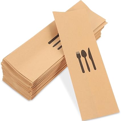 DOITOOL 100pcs Kraft Paper Cutlery Set Wedding Silverware Bulk Silverware Cutlery Storage Bags Tableware Utensil Holders Silverware Sleeves Bag Kraft Paper Cutlery Holder Bag Cutlery Cover