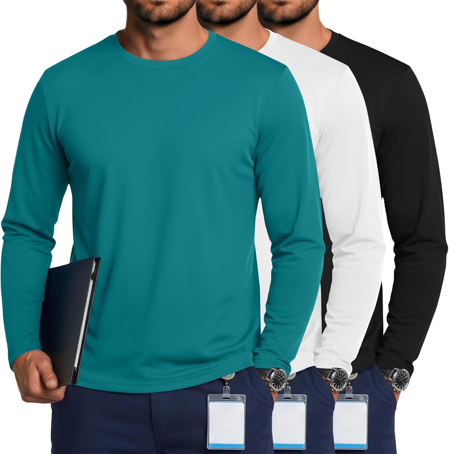 3 Pack Men's Big & Tall Long Sleeve Underscrub Tops Crew Neck Base Layer Undershirts Slim Fit T Shirts Basic Tops