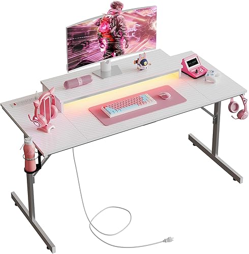 Miniatura 72 de Bestier Escritorio para juegos de 42 pulgadas con luces LED, mesa de juegos para computadora pequeña con estante para monitor, escritorio para Fibra