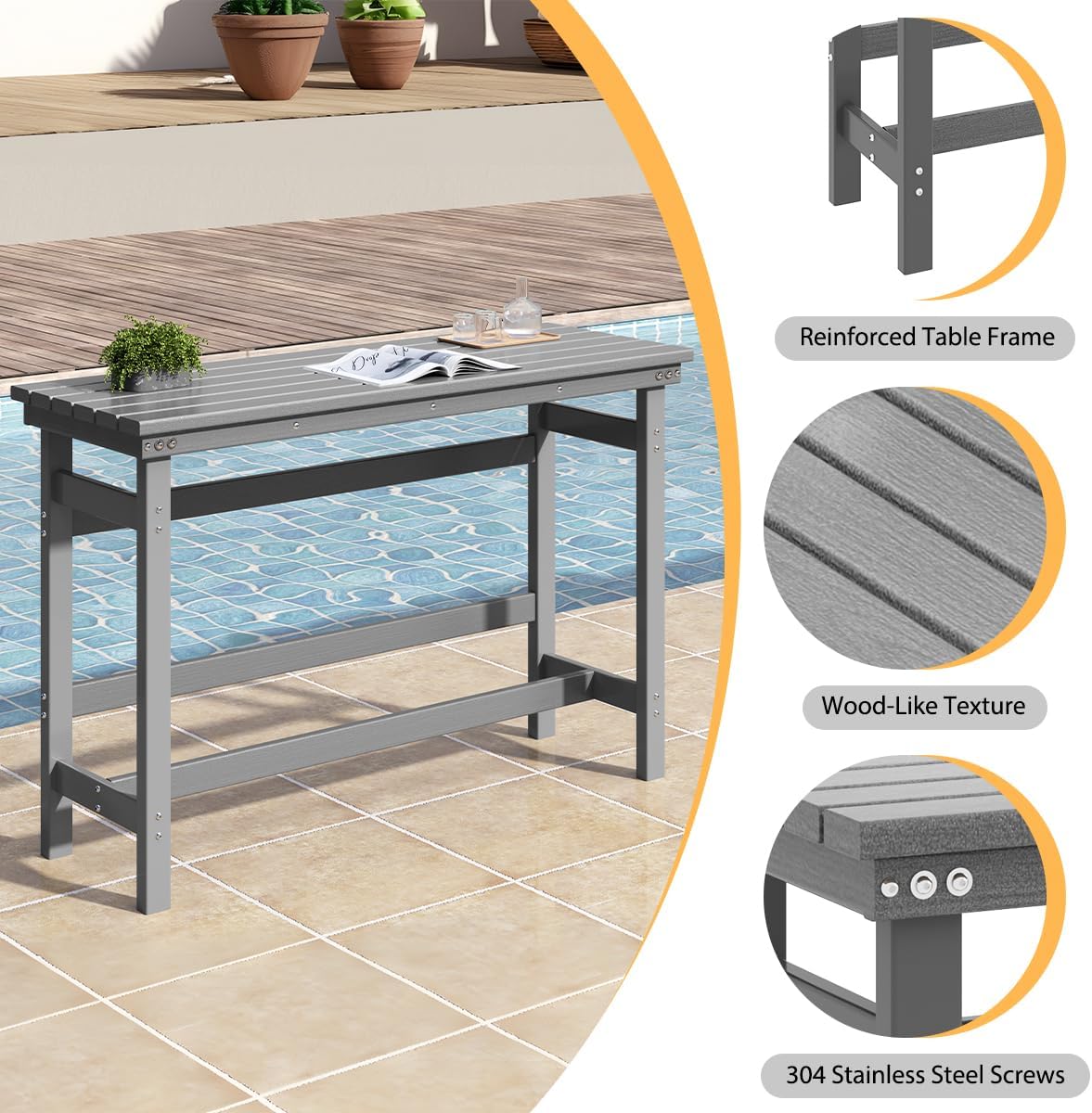 Sundale Outdoor Bar Table, 41 Inch Height Adirondack Rectangle Bar Table, All Weather Patio Bar Counter Height Table for Outside Backyard Balcony Poolside (Grey)