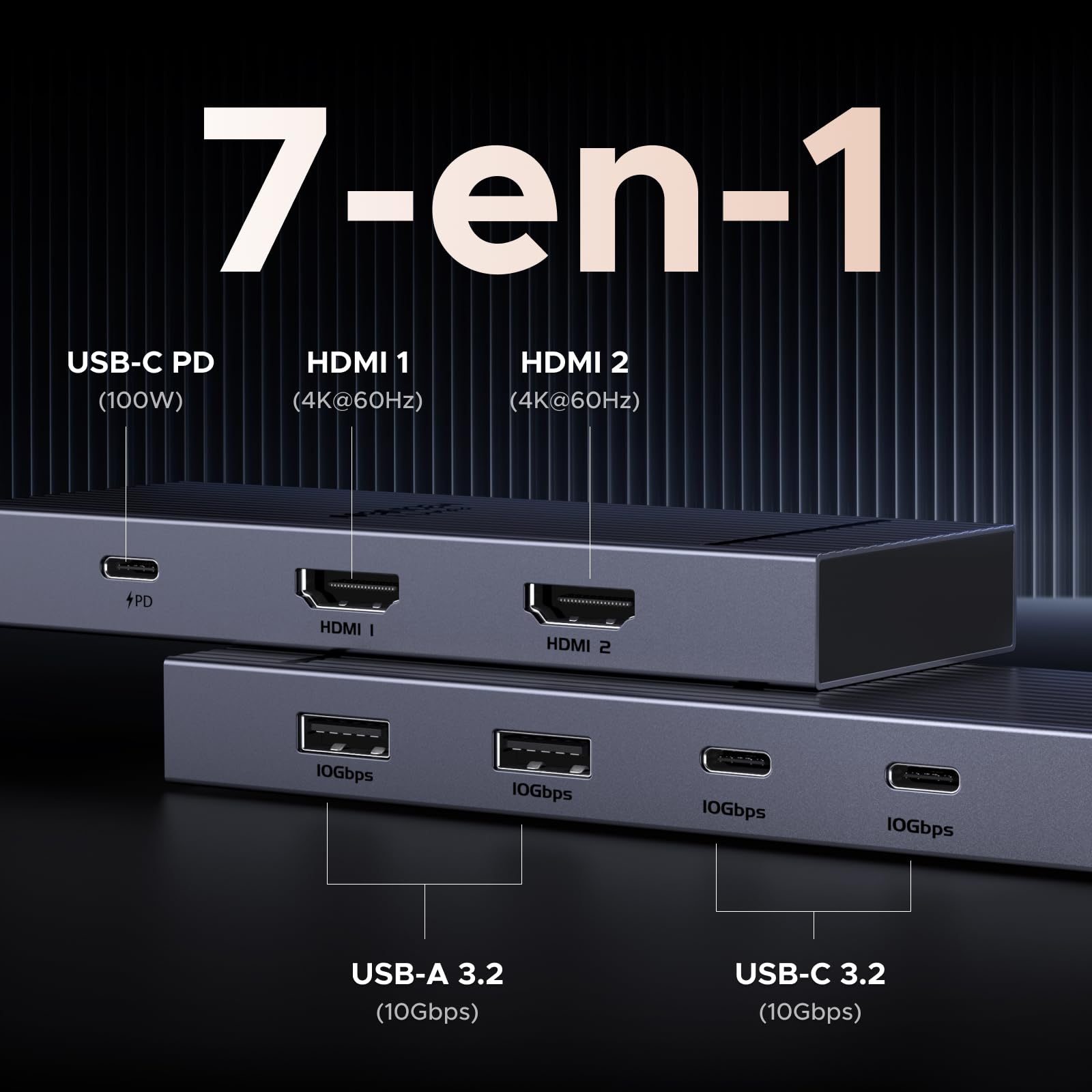 UGREEN Revodok Pro 207 Docking Station Hub USB C Dual HDMI 4K 60Hz PD 100W 7 en 1 Station Accueil Adaptateur Multiports USB 2A2C 10Gbps Extension 2 Écrans pour Windows MacOS