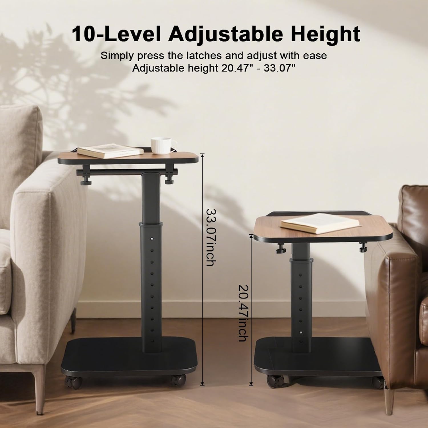 TV Tray Table, C Table End Table Adjustable Height, 180° Flip-Over Panel Design & 360° Swivel Casters, Couch Tables for Small Spaces, C Shaped Side Table for Living Room/Bedroom/Sofa/Bed/Eating/Laptop