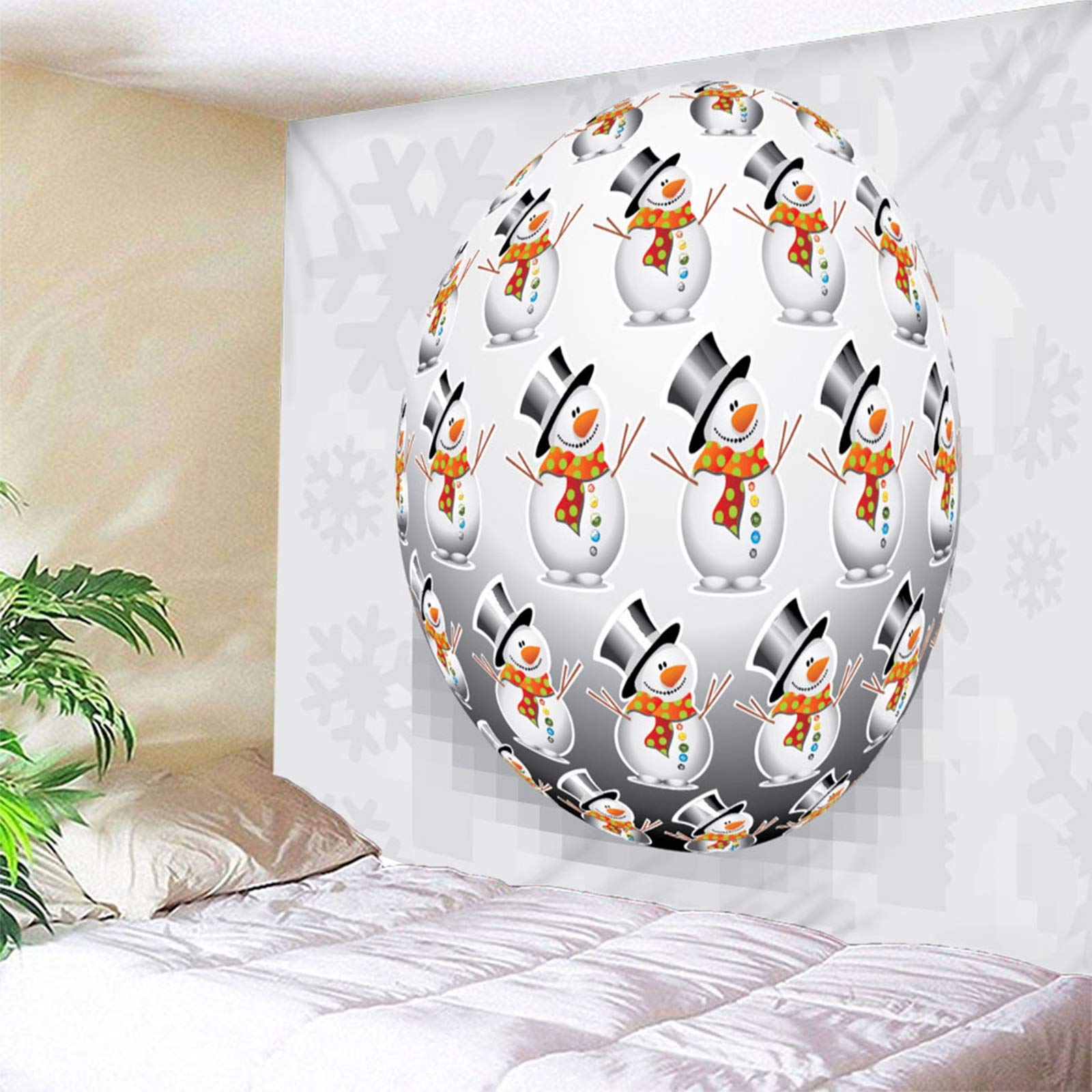Tapiz Tela 3D, Decoracion Navidad Muñeco de Nieve Bola Redonda y Copo de Nieve Gris Poliéster Tapiz Pared Decoration 260X240cm