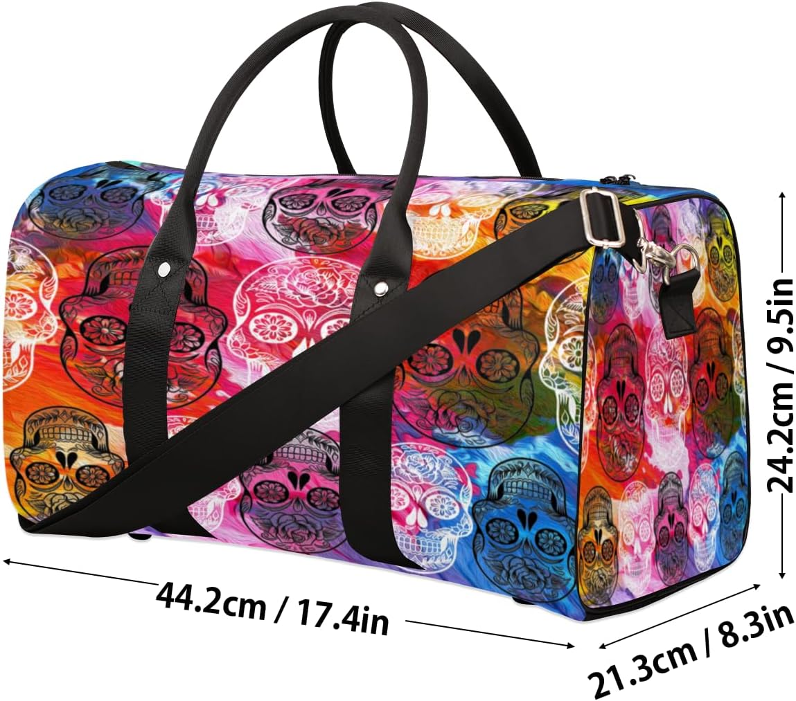 Hand Painted Colorful Skulls Travel Duffel Bag for Women Men Large Capacity Overnight Weekender Bags for Lightweight Waterproof Sport Gym Bag for Workout Yoga Swim
