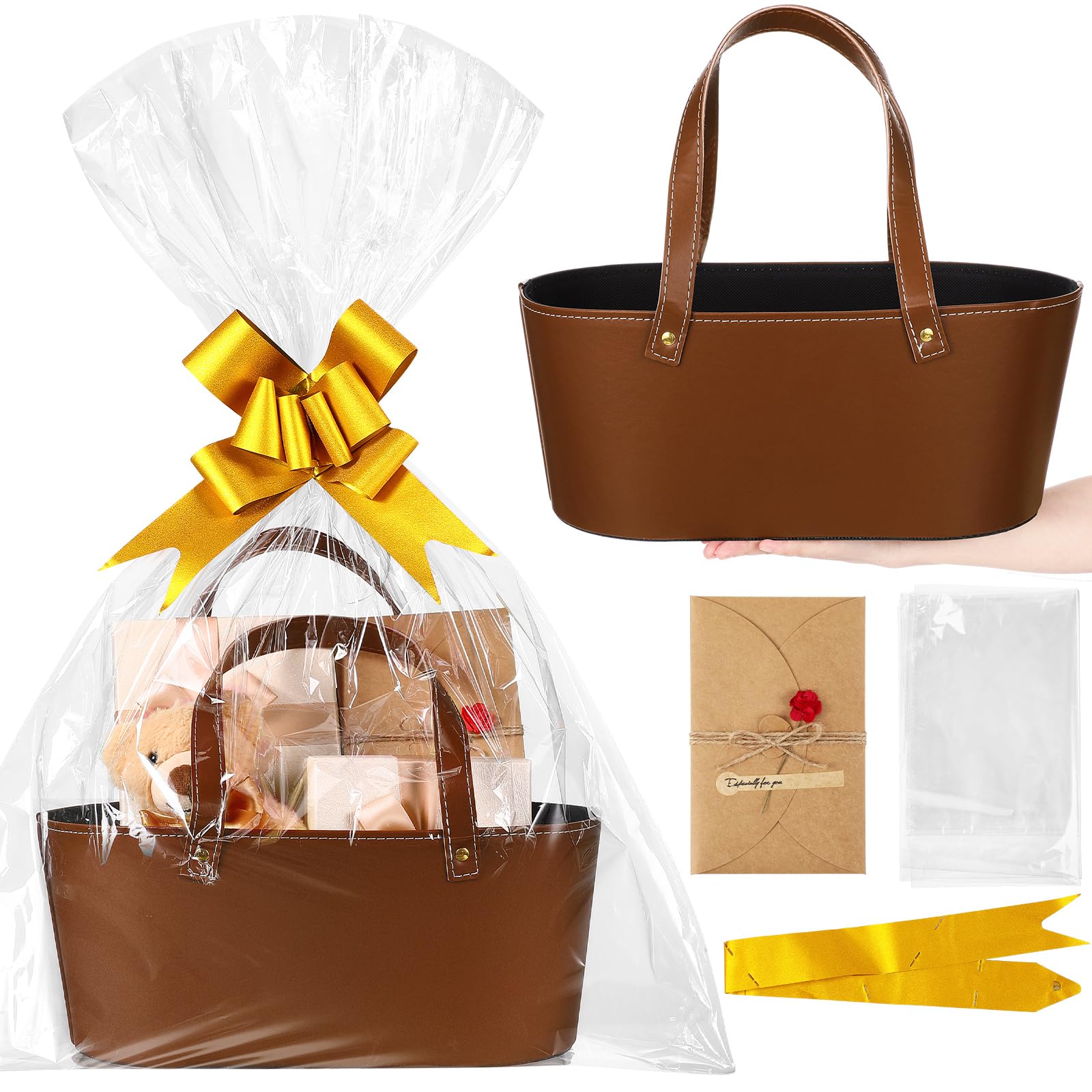 Wonderjune Empty Gifts Baskets Valentines Day Gift Basket with Leather Gift Bags Ribbons Greeting Cards New Year Empty Baskets with Handles for Lover