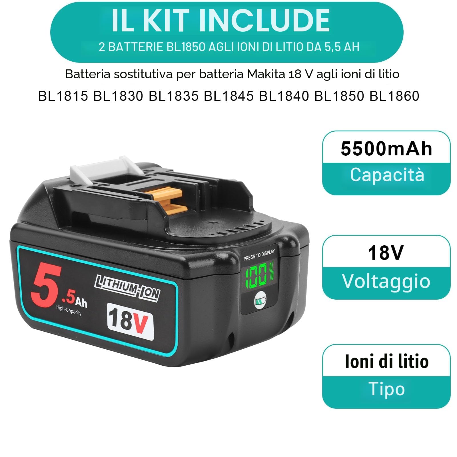 Powarobor 2x BL1850B 18V 5.5Ah Batteria di ricambio agli ioni di litio Compatibile con Makita 18Volt BL1830 BL1850 BL1860B con indicatore LED con kit caricabatterie