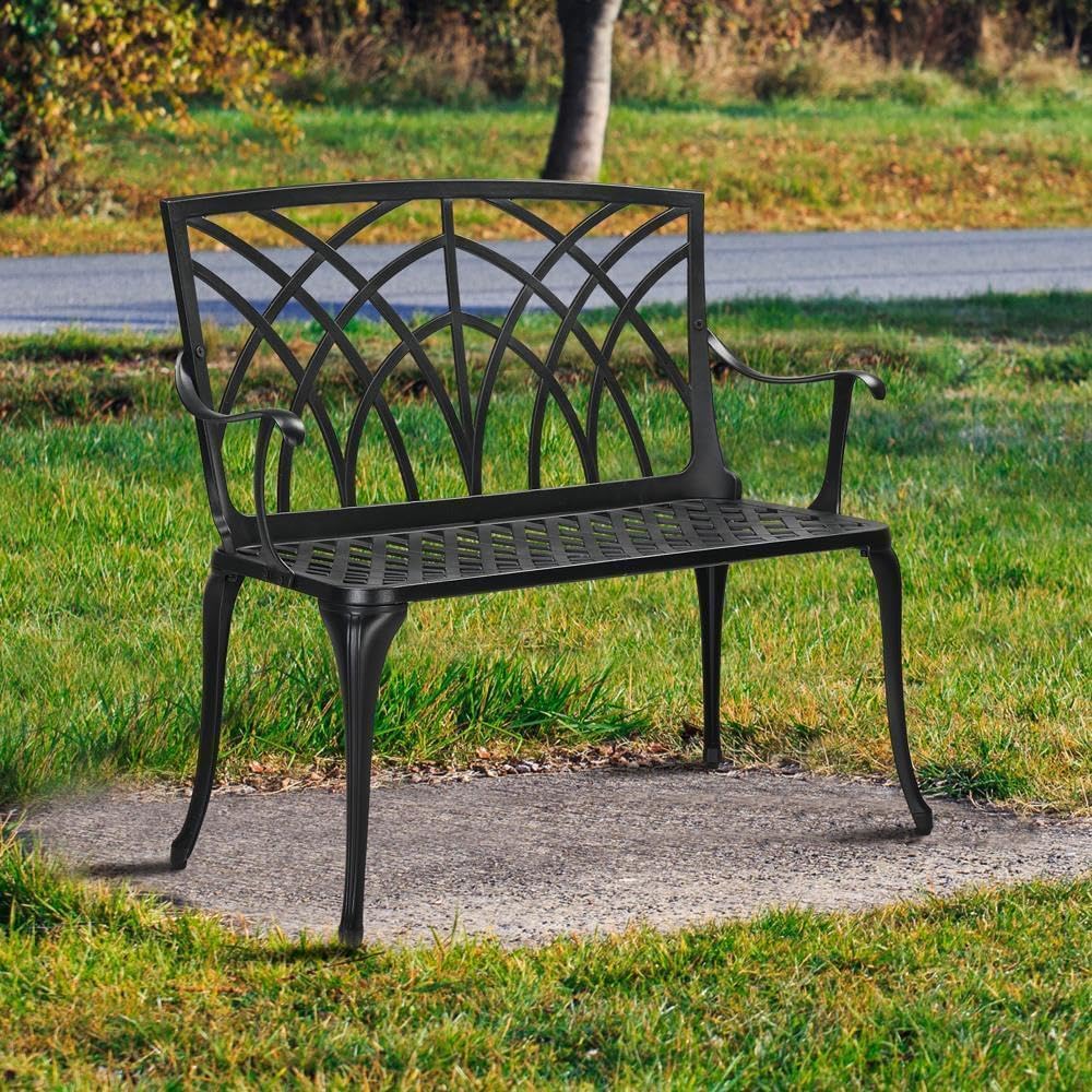 Antique Outdoor Garden Patio Cast Aluminum Orchid Back Seating Park Bench Balck