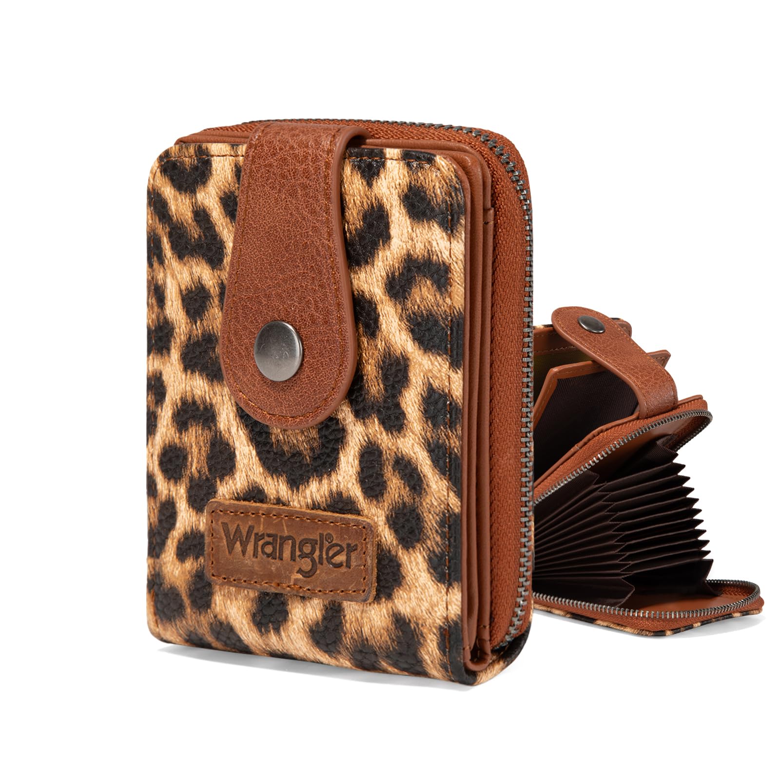 Montana West X Wrangler Credit Card Holder Small Wallets for Women Compact Credit Card Case With Smooth Zipper and ID Window Leopard