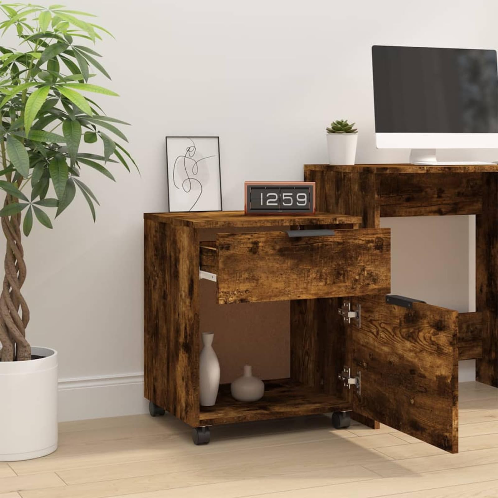 Schedario con Ruote Rovere Fumo 45x38x54 cm Legno Multistrato,Cassettiera, Mobiletto da Ufficio con Serratura,Regolabile per Cartelle Sospese, Superficie Testurizzata, per Ufficio, Studio